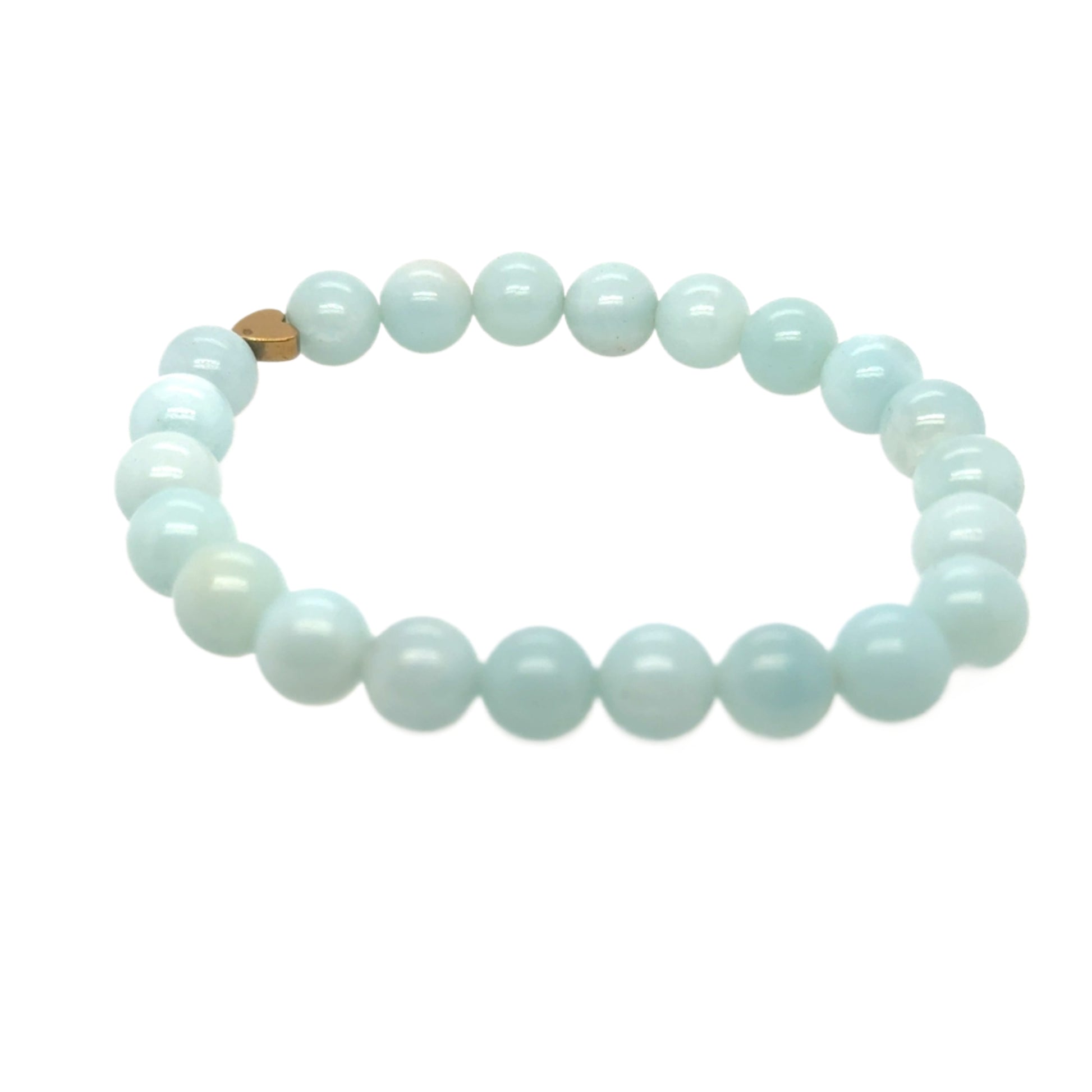 This bracelet is made with 8mm blue Amazonite gemstones and a small Hematite heart bead on a strong stretchy elastic
