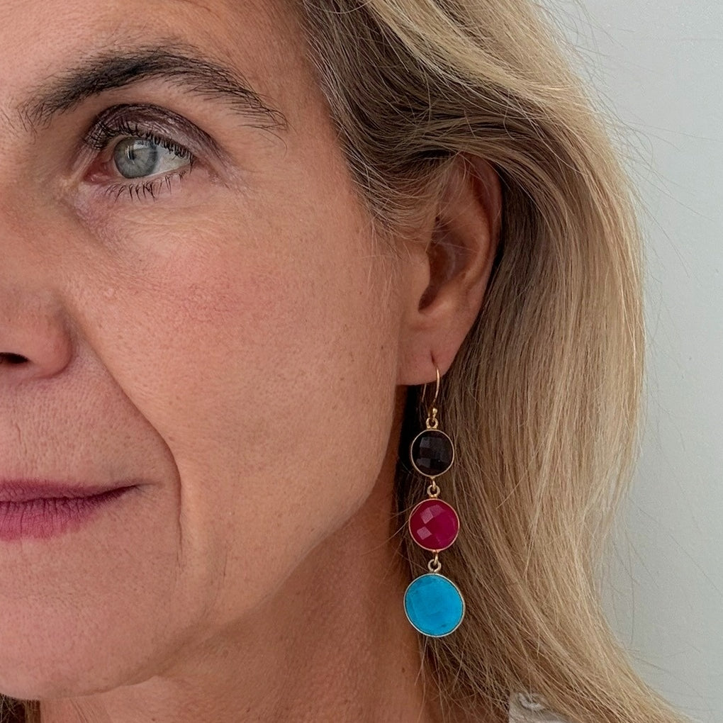 Dangling earrings with Amethyst, Pink Quartz and Turquoise gemstones worn on model