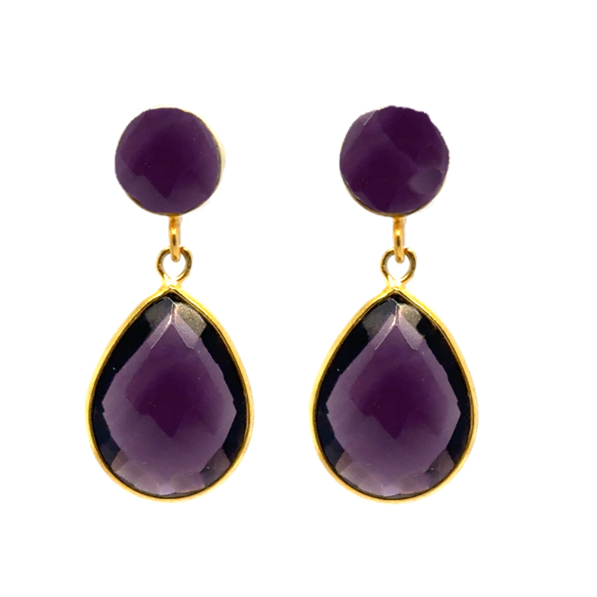 Dangling Amethyst stud earrings with teardrop shaped Amethyst charms