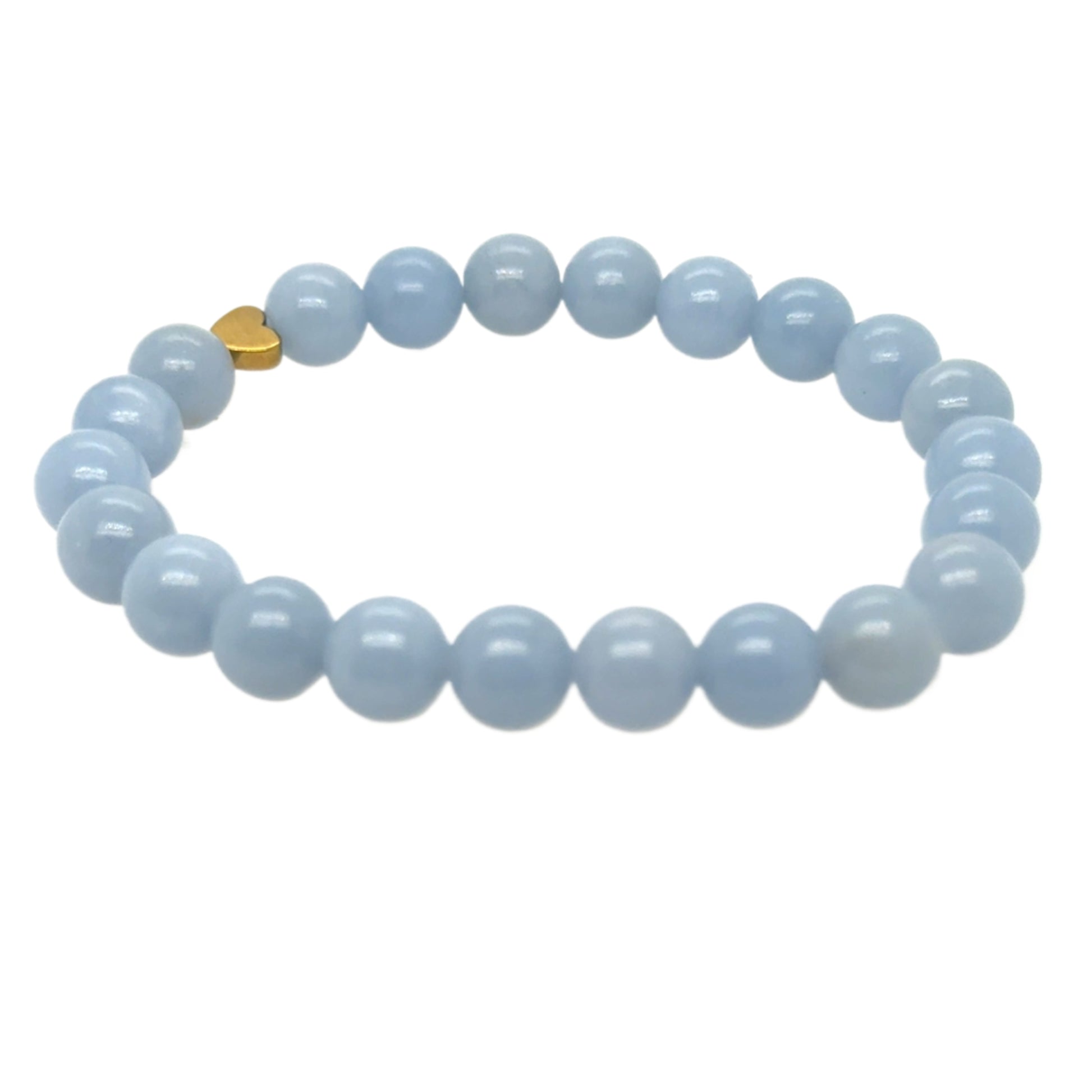 This bracelet is made with 8mm cornflower blue Angelite gemstones and a small Hematite heart bead on a strong stretchy elastic