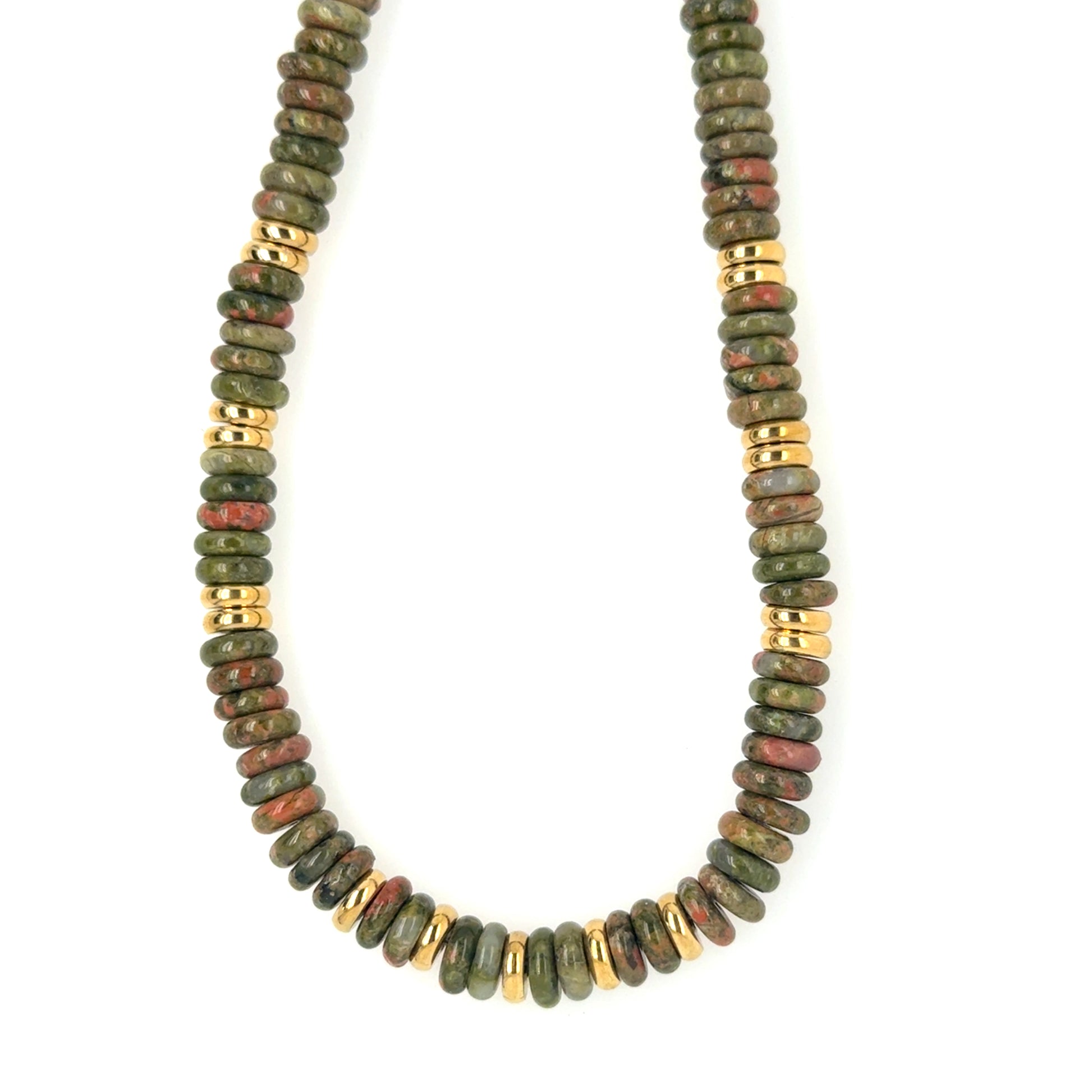 Necklace with green Unakite gemstone and gold rounded beads