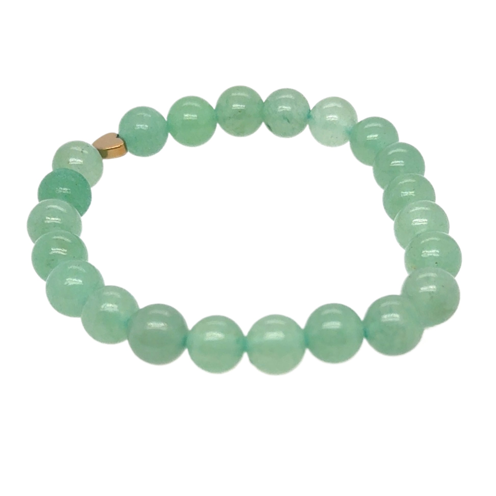 This bracelet is made with 8mm green Aventurine gemstones and a small Hematite heart bead on a strong stretchy elastic