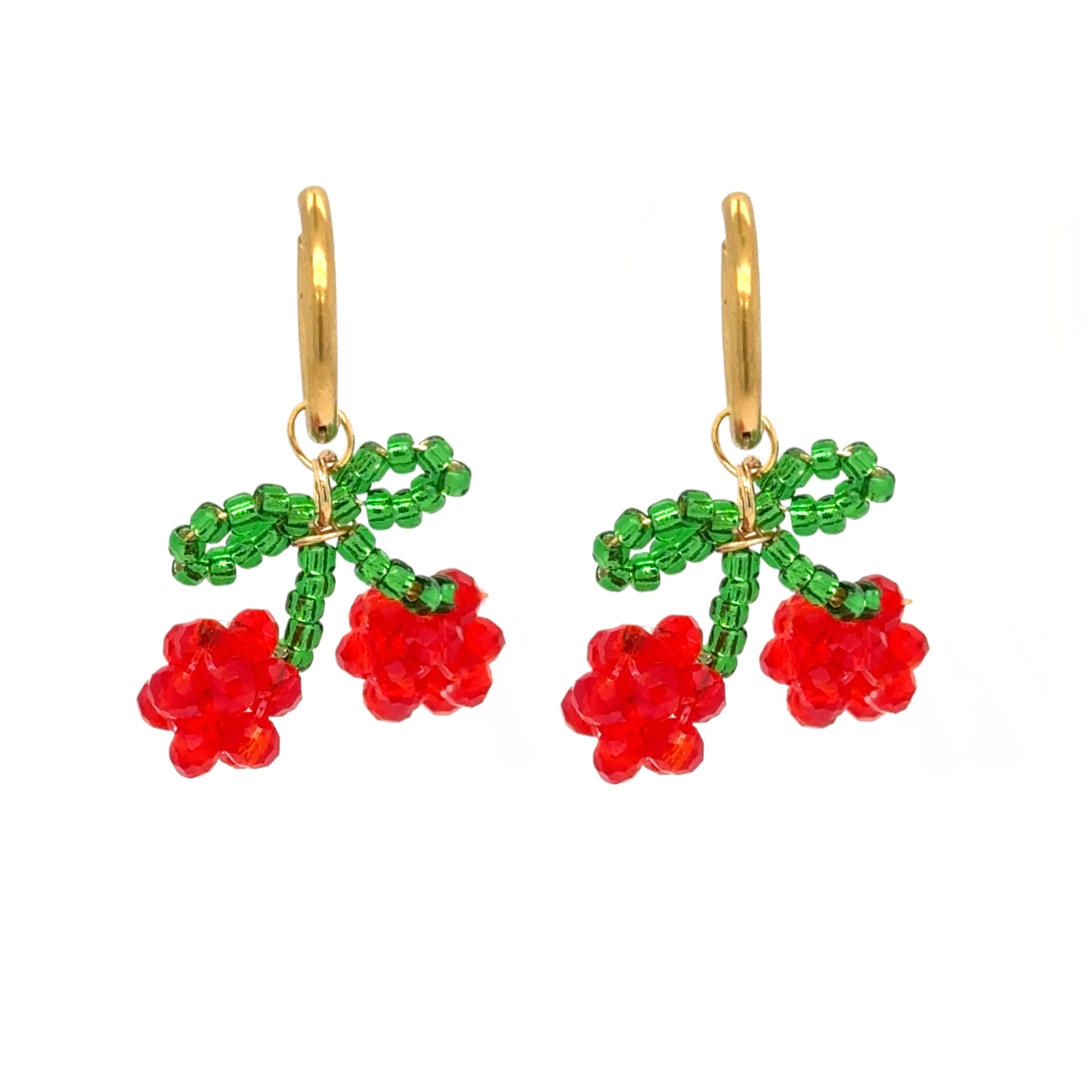 Delicate gold hoop earrings with beaded cherry charms