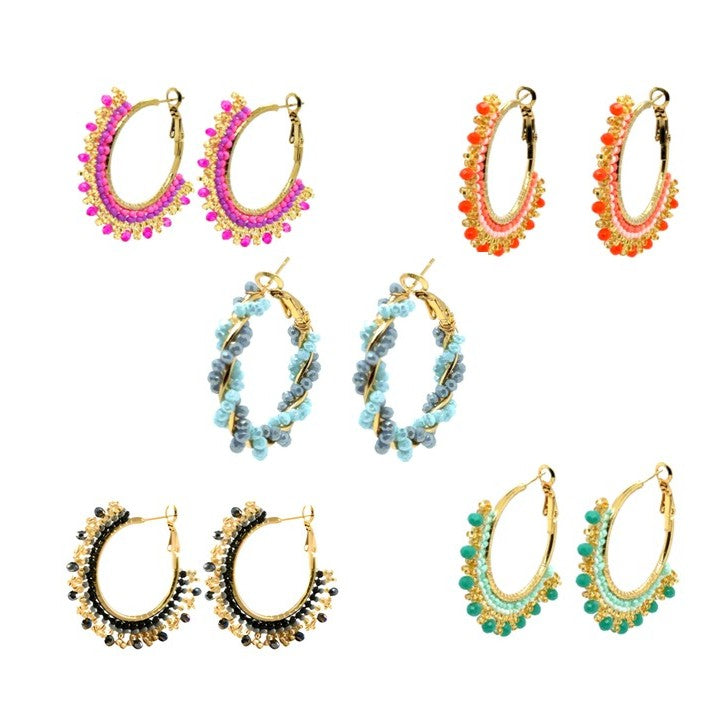 Five styles of big beaded earrings in different colours