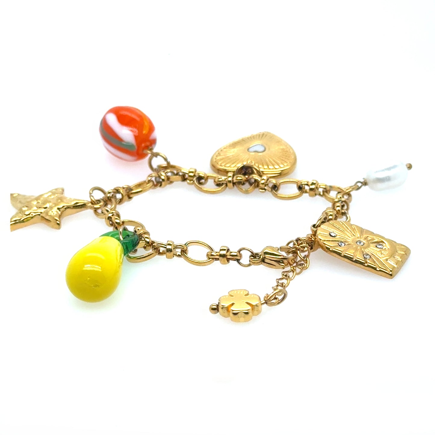 Bracelet with dangling charms including a lemon, a heart, a star, and a freshwater pearl