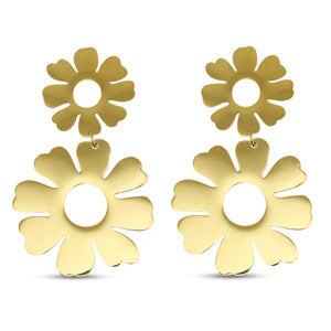Big bold dangling gold earrings with two flowers with hole in centre