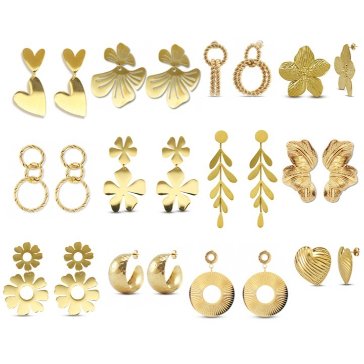 groups of big dangling shiny gold earrings in shapes like flowers, hearts, circles and leafs