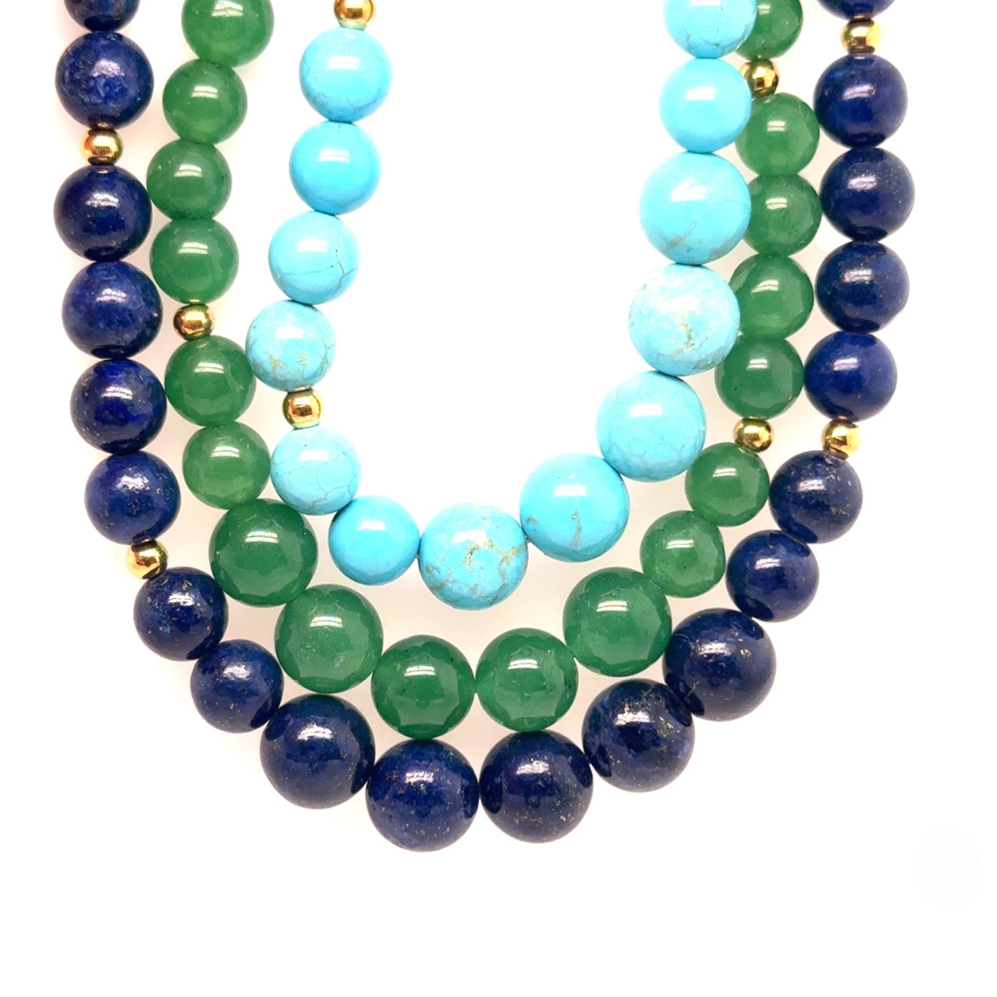 Three necklaces with Aventurine, turquoise and Lapis Lazuli gemstone and gold beads