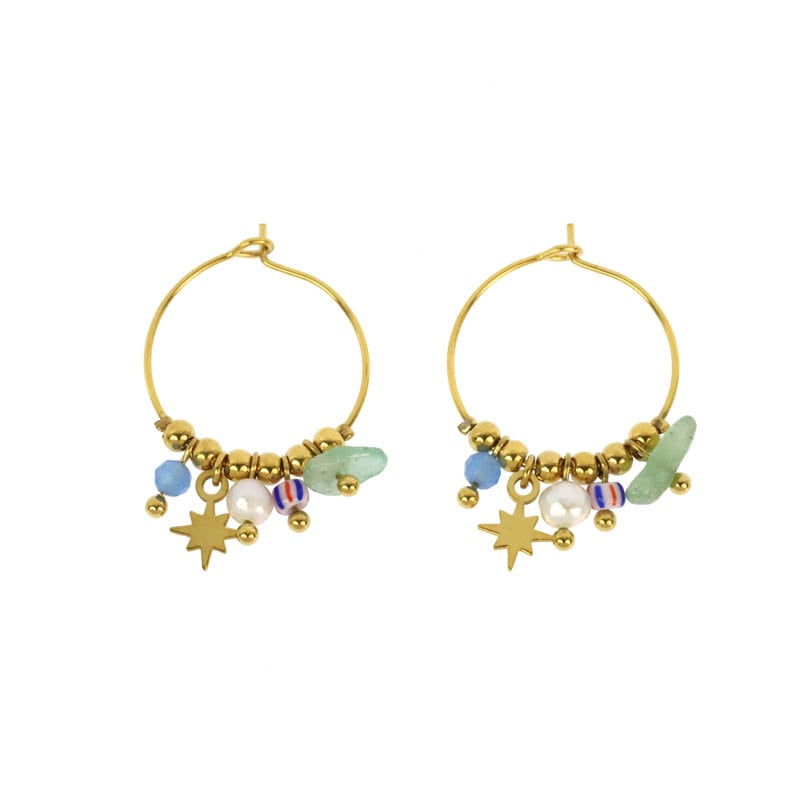 Gold hoop earrings with colorful charms on a white background