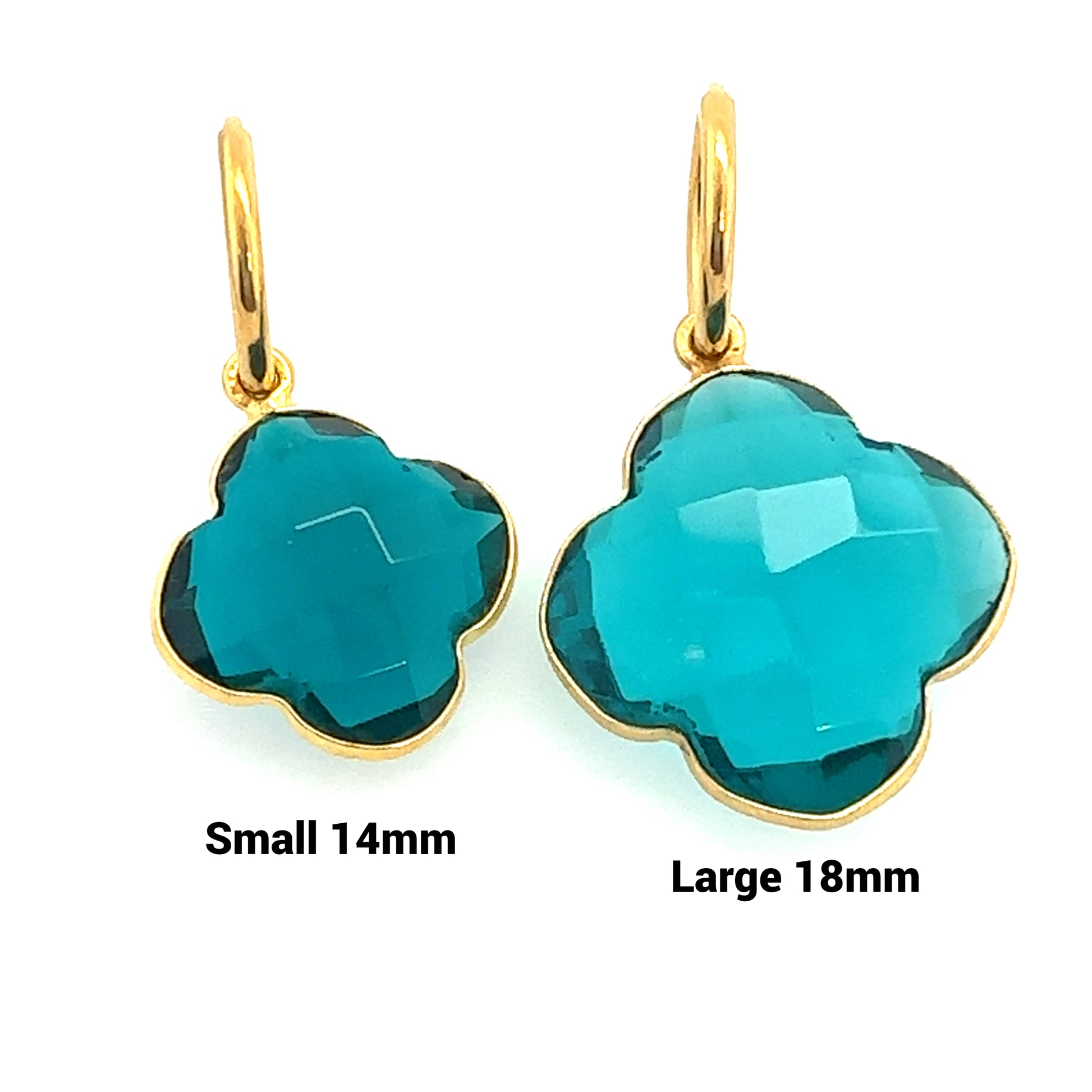 Delicate gold hoop earrings with beautiful blue Apatite semi-precious gemstone clover shaped charms in 2 sizes
