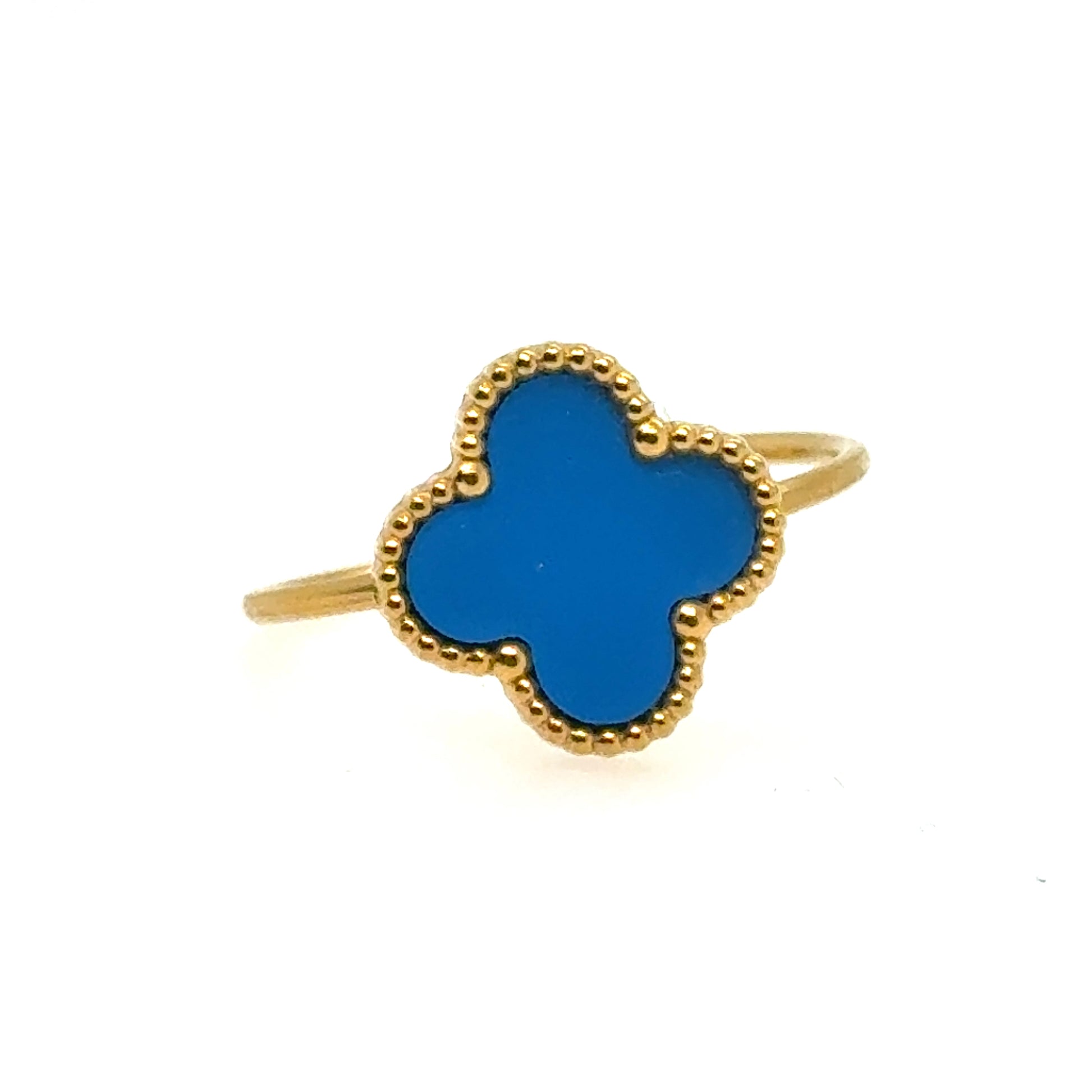 Adjustable gold ring with blue clover design.
