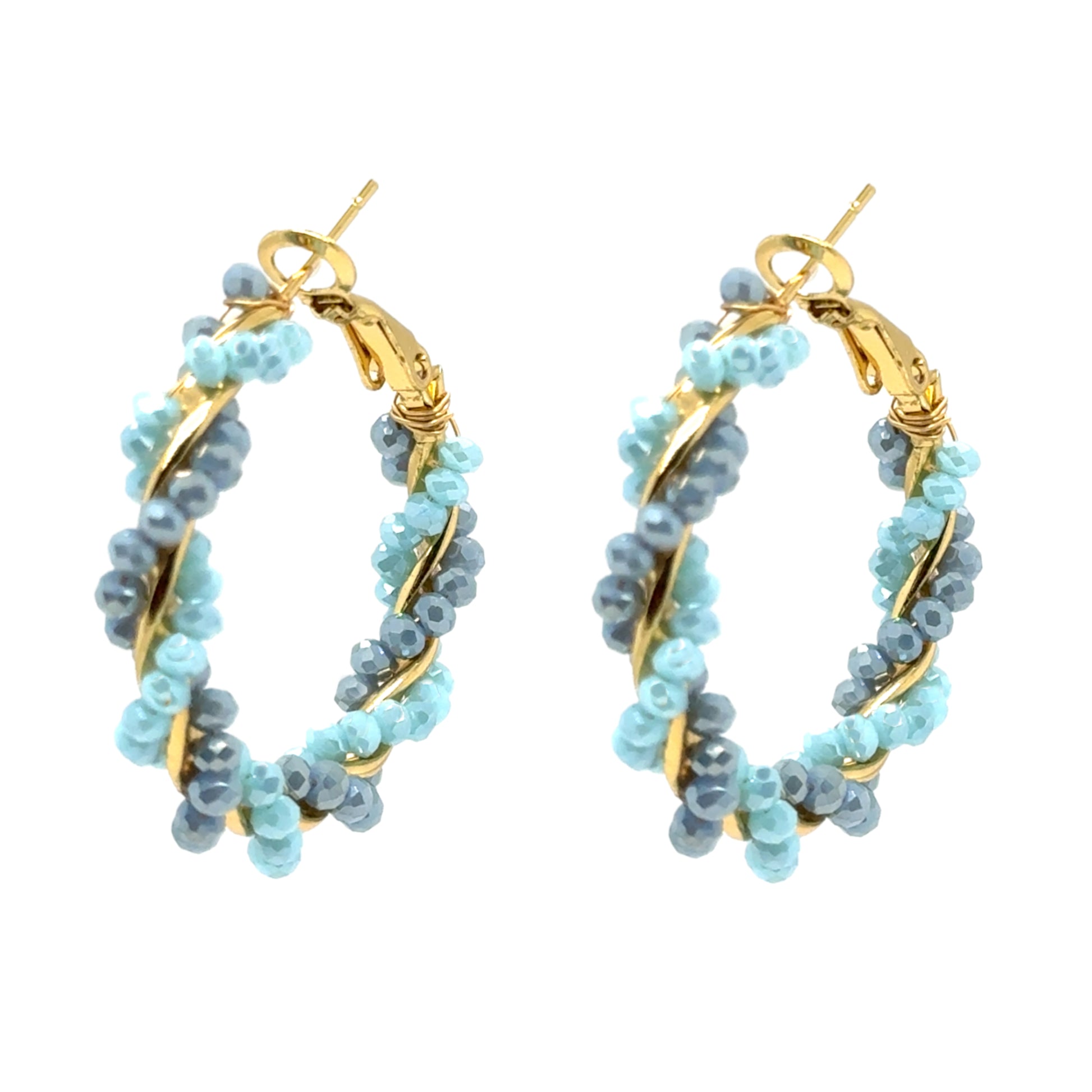 These lovely big beaded hoop earrings are twisted gold with light and grey blue beads.