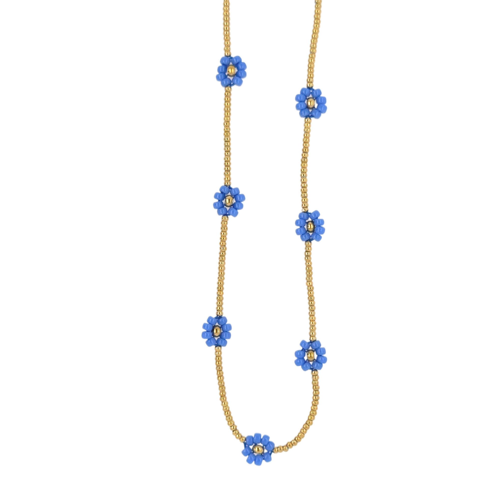 Gold necklace with blue flower-shaped beads on a white background