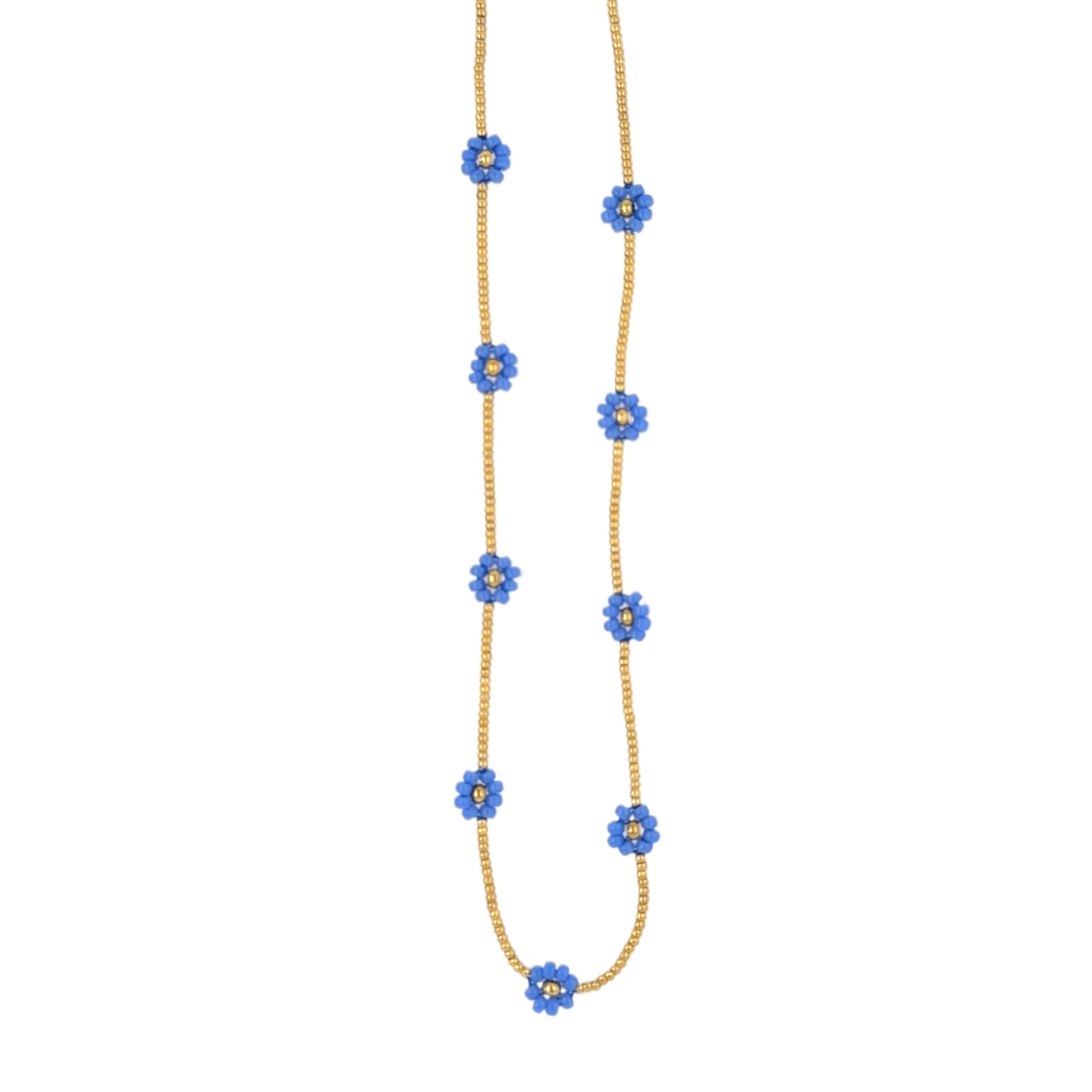 Blue flower necklace with gold beads