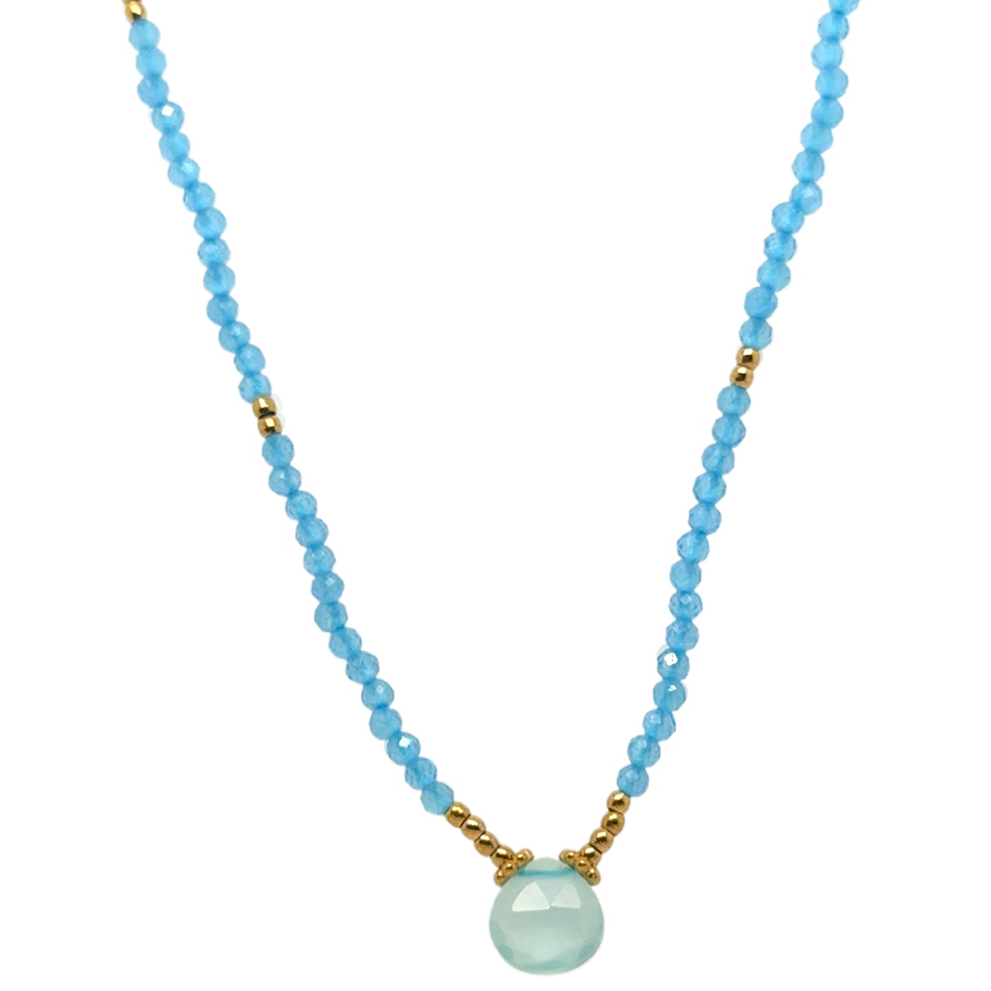 Delicate necklace with tiny light blue and gold beads, and lovely Blue Chalcedony gemstone in the middle