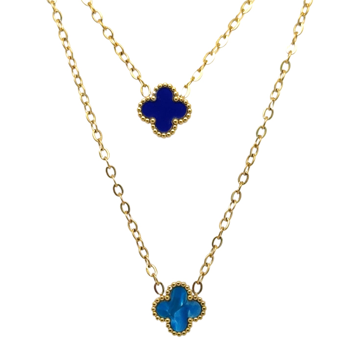 Two gold chain necklace with tiny 9mm  charms in blue and dark blue