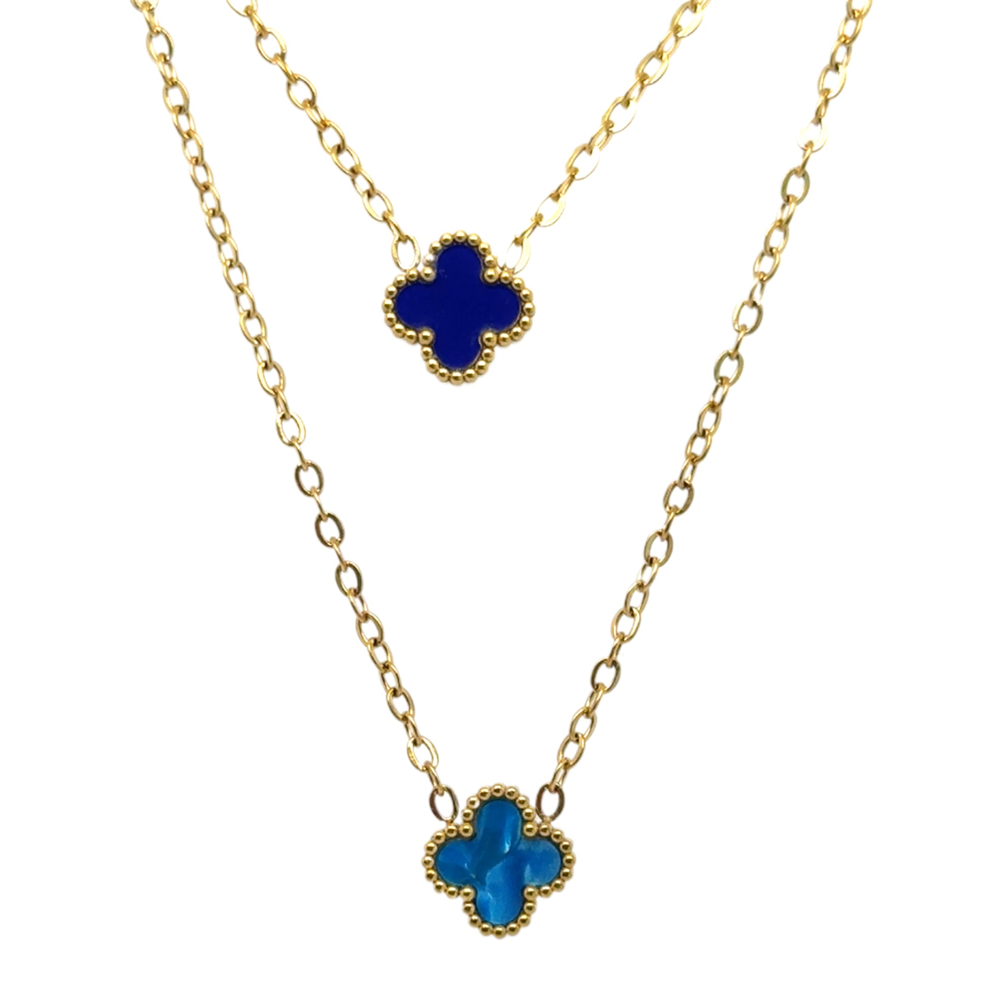 Two gold chain necklace with tiny 9mm  charms in blue and dark blue