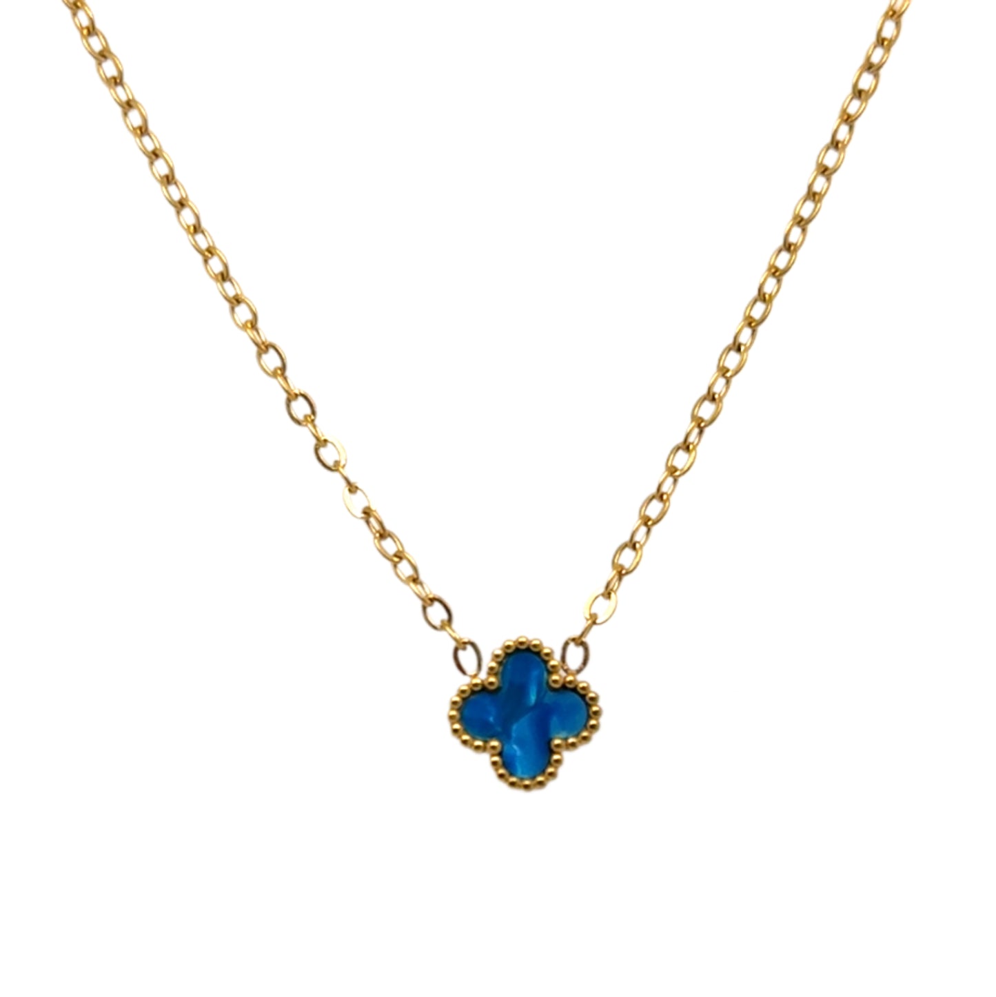 Delicate gold chain necklace with tiny 9mm blue clover charm in the middle