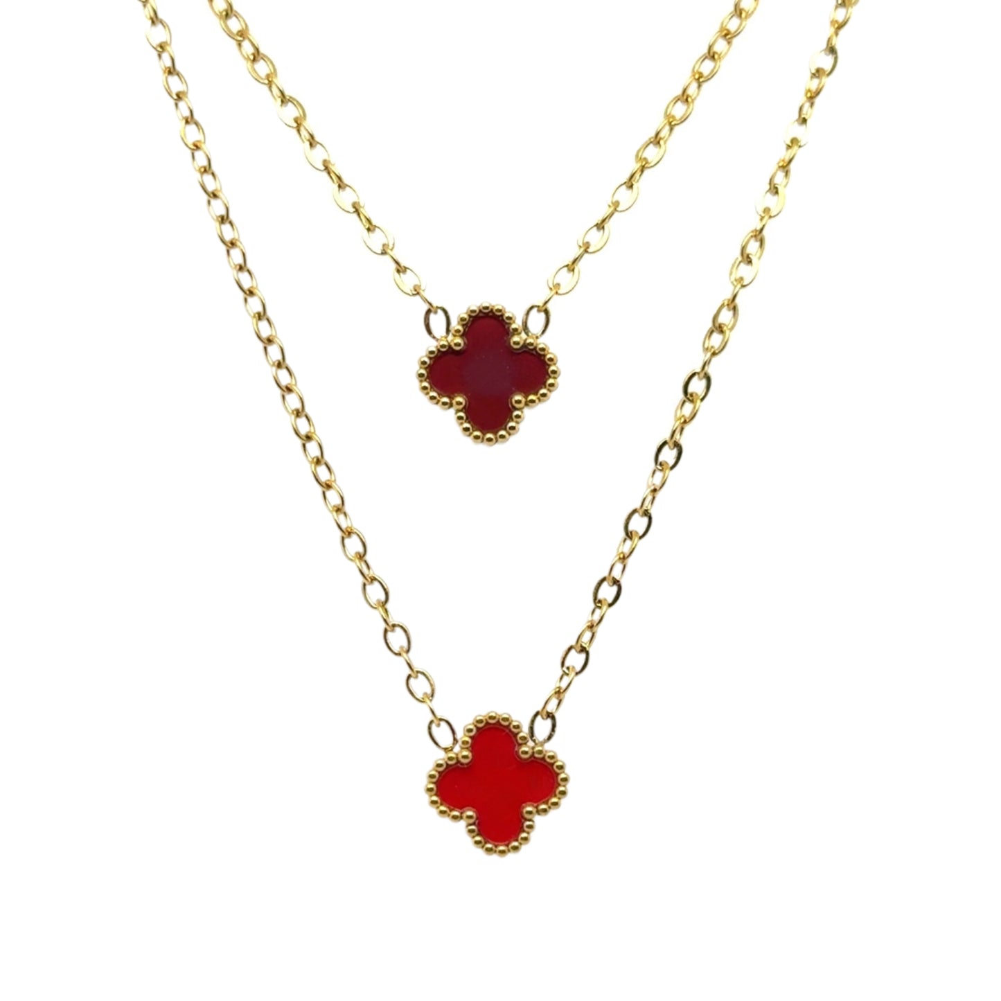 Two gold chain necklace with tiny 9mm  charms in burgundy and red