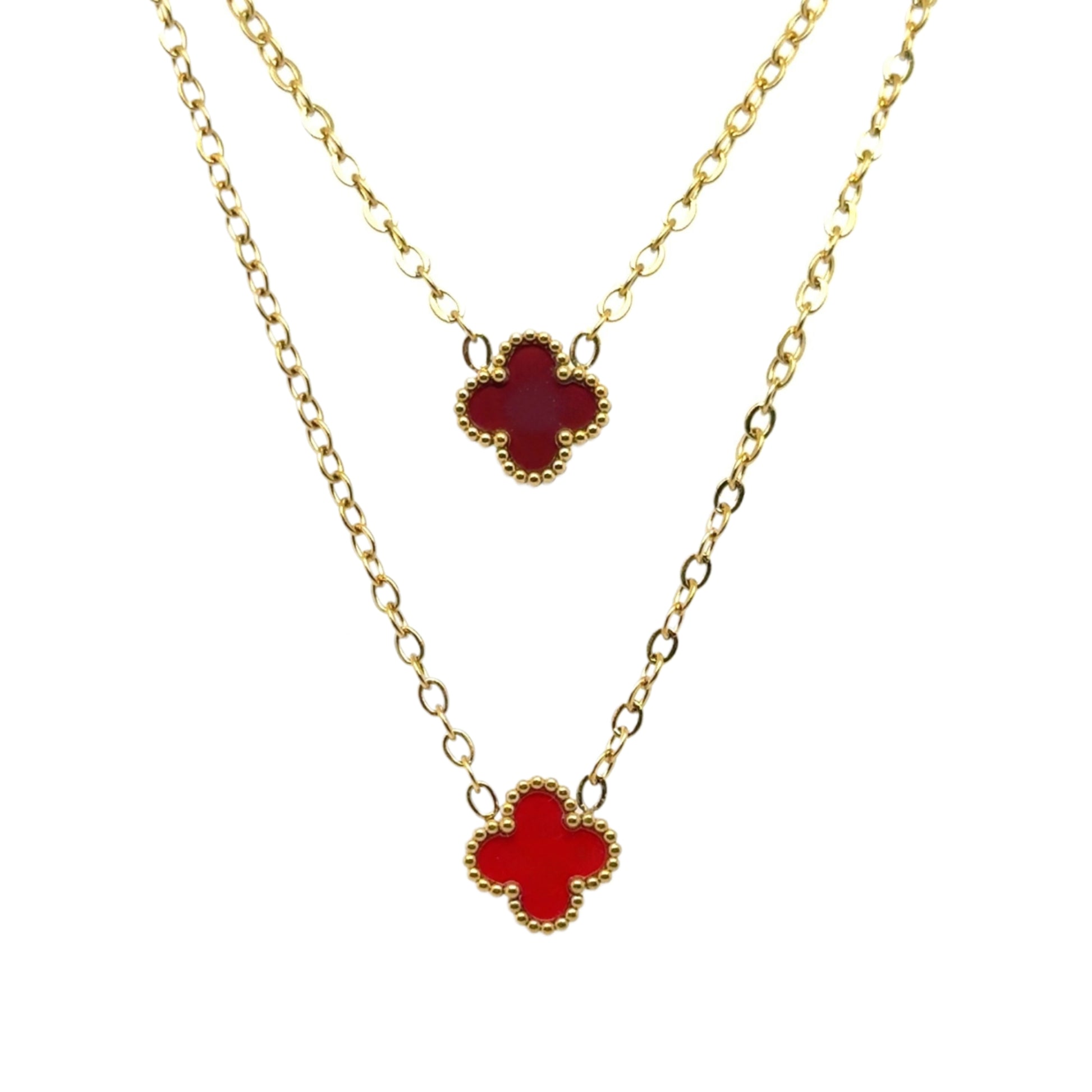 Two gold chain necklace with tiny 9mm  charms in burgundy and red
