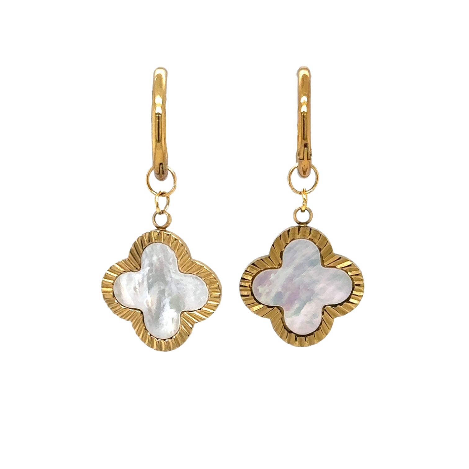 Delicate gold hoop earrings with large clover shaped mother of pearl charms