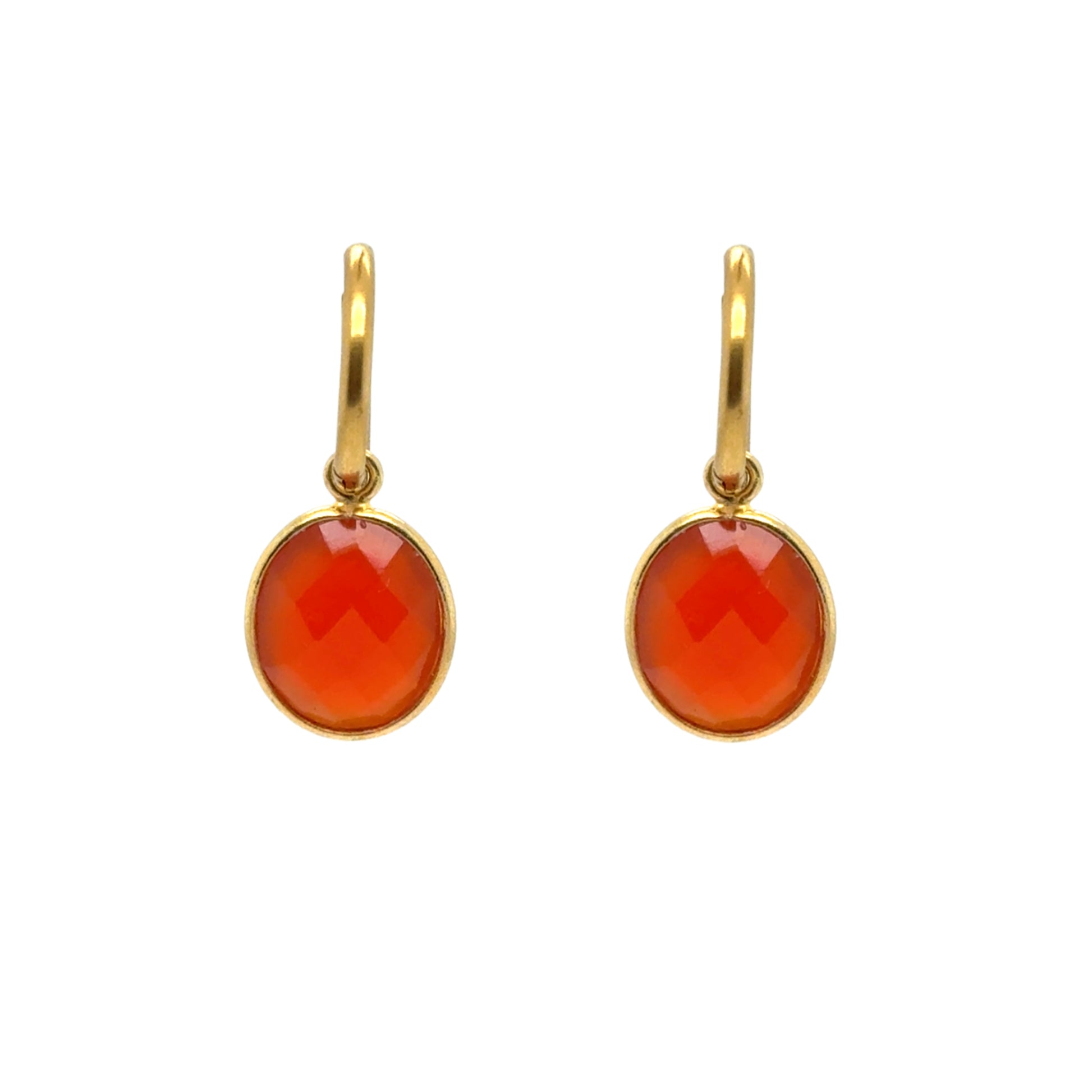 Delicate gold hoop earrings with gorgeous Carnelian semi-precious gemstone oval charms
