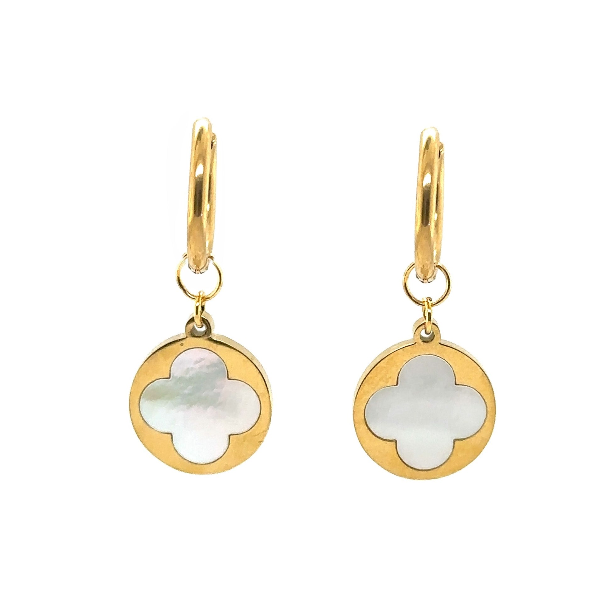 gold hoop earrings with mother of pearl clover and gold circle charms