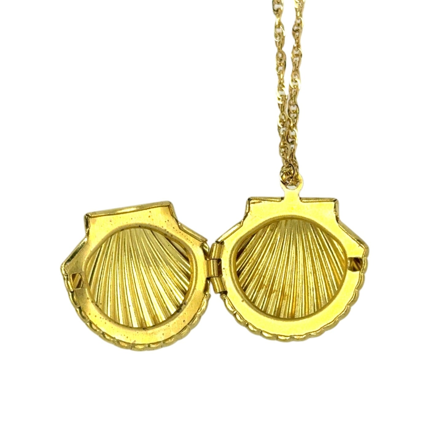 Gold shell-shaped locket on a chain against a white background shown when open.