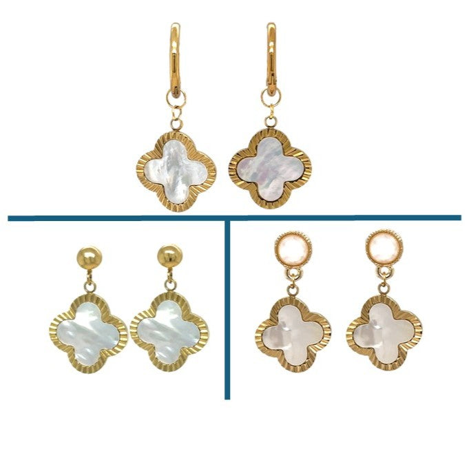 three styles of hoops with large clover shaped mother of pearl charms