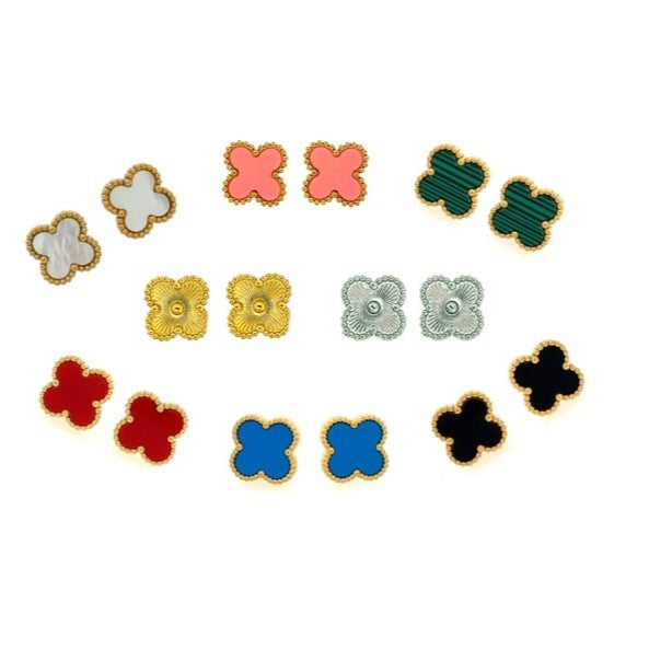 Clover shaped stud earrings in red, green, blue, pink, gold, silver, mother of pearl white and black