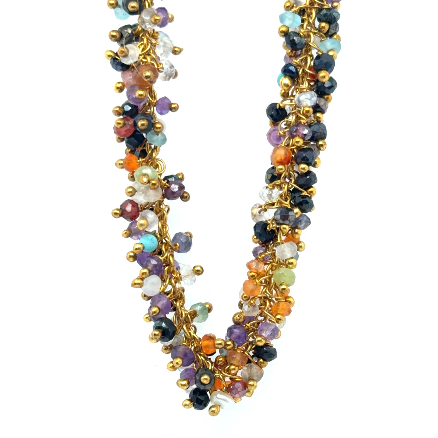 Multicolored beaded necklace with gold accents on a white background