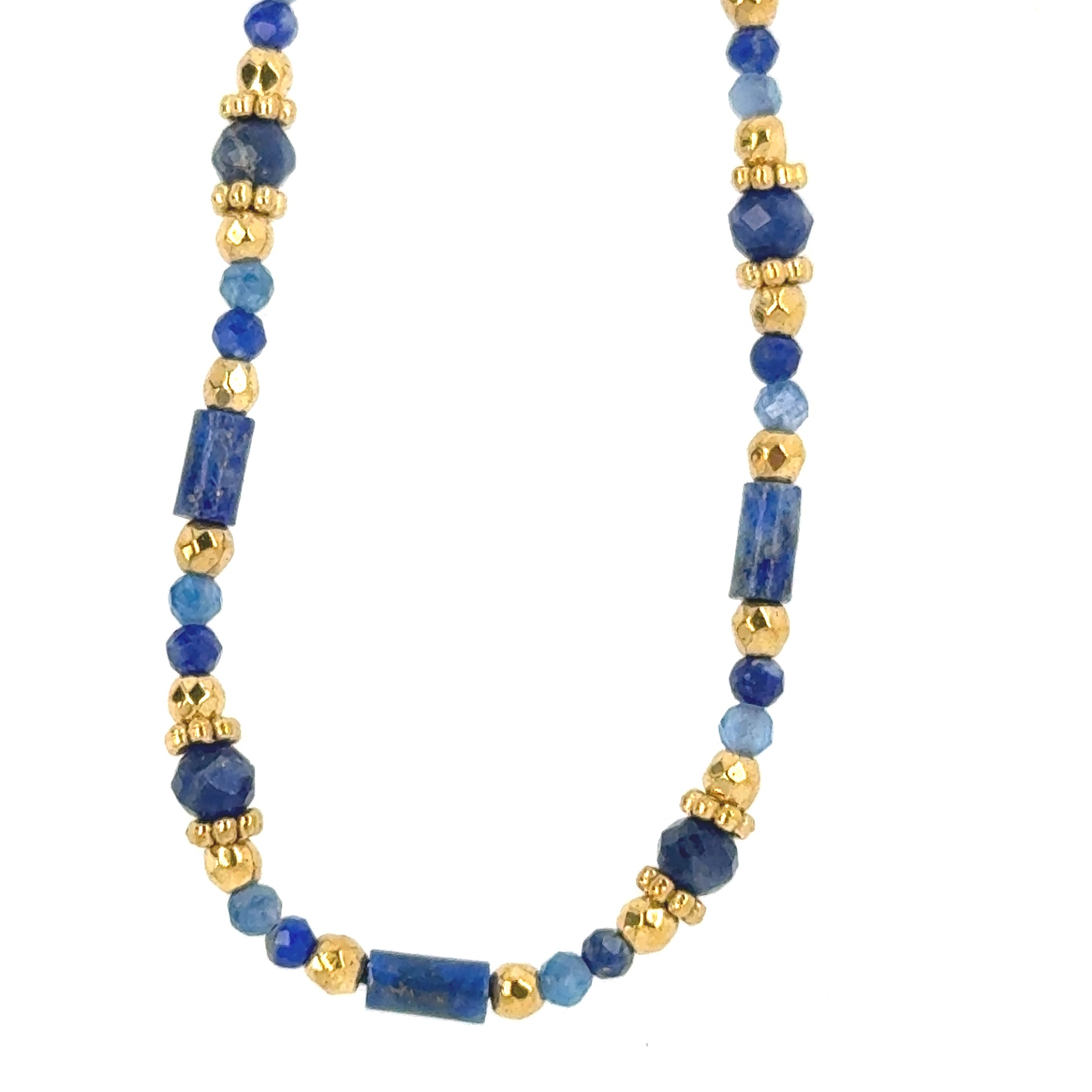 Necklace with small alternating different shaped dark blue and gold beads