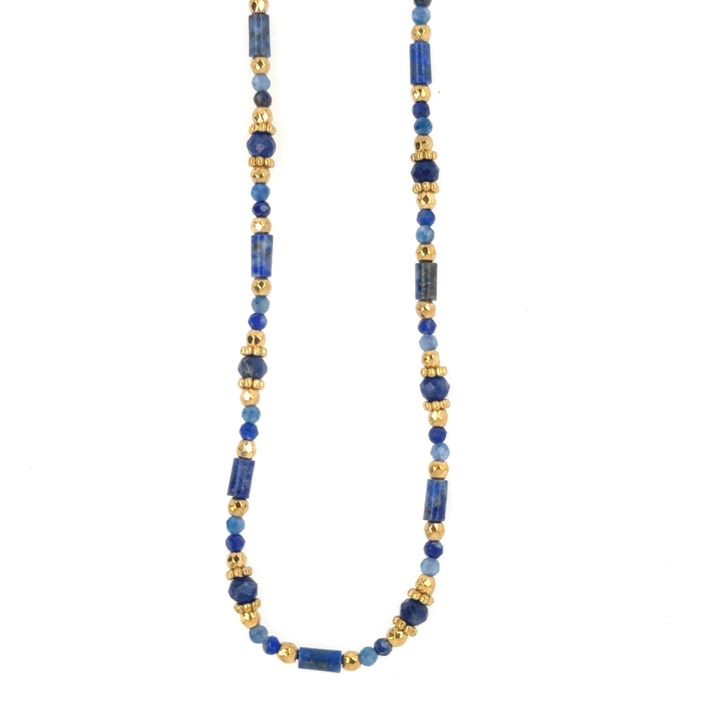 Necklace with blue and gold beads on a white background
