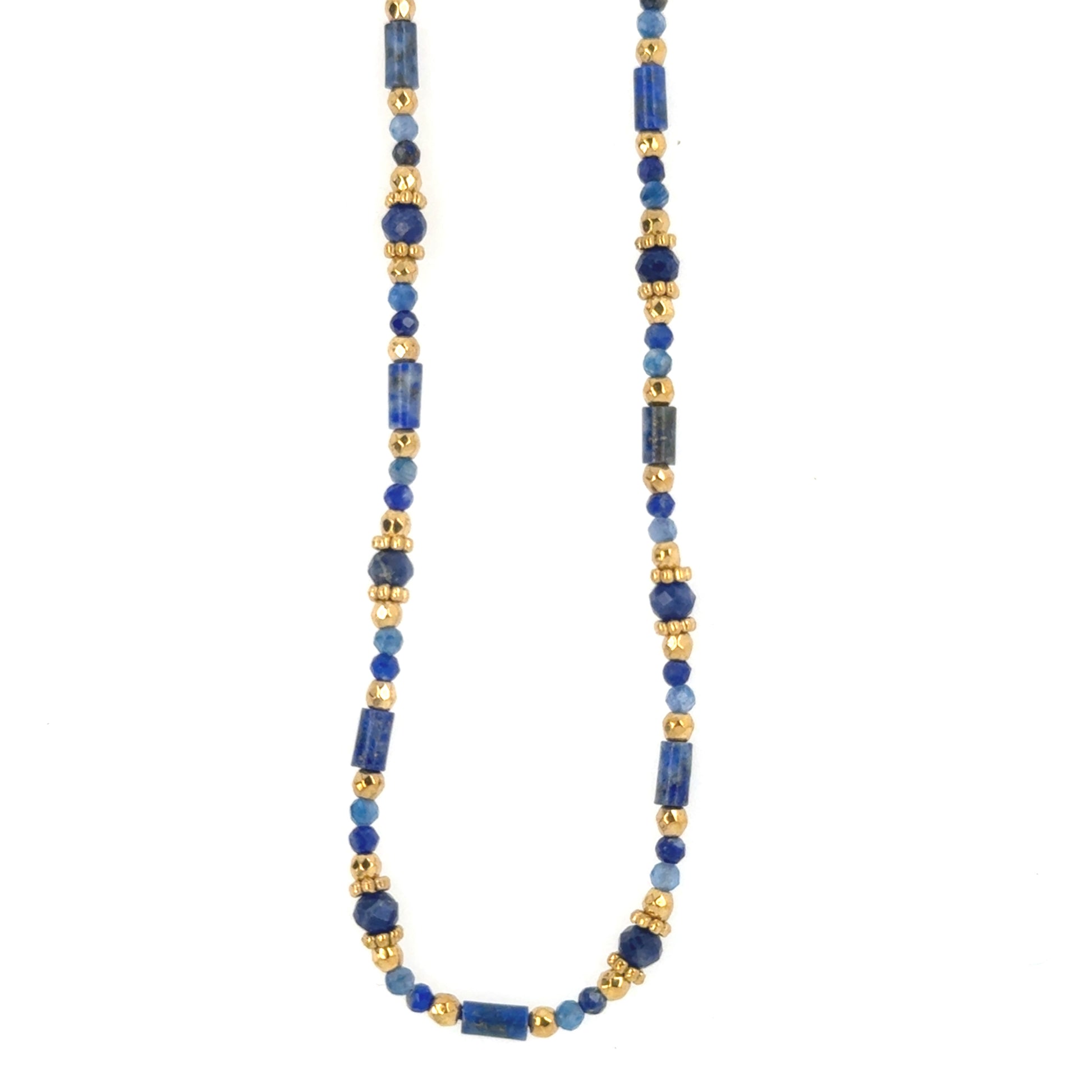 Necklace with blue and gold beads on a white background