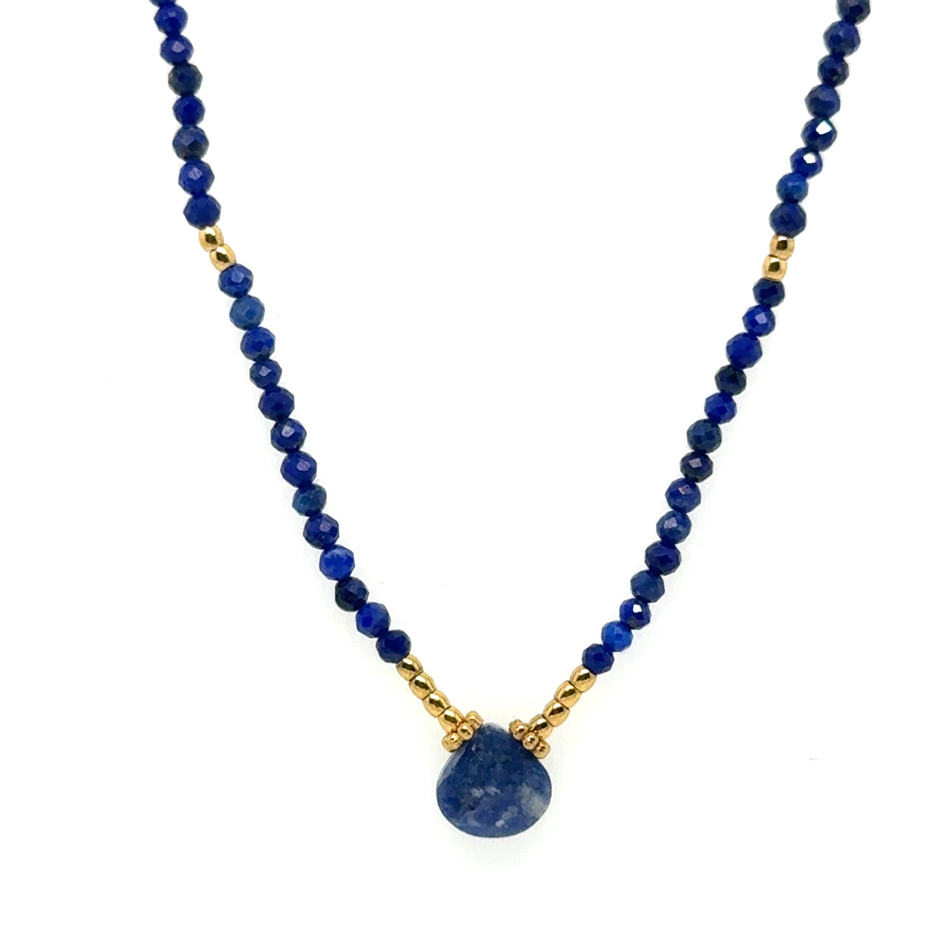 Delicate necklace with tiny dark blue and gold beads, and lovely Lapis Lazuli gemstone in the middle