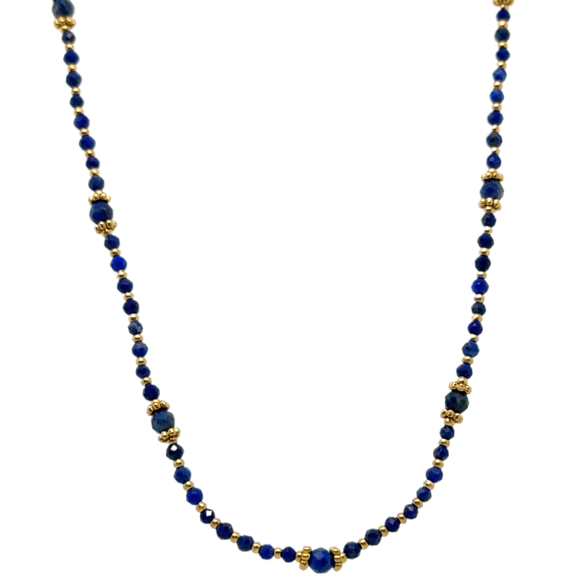 Delicate necklace with tiny dark blue and gold beads
