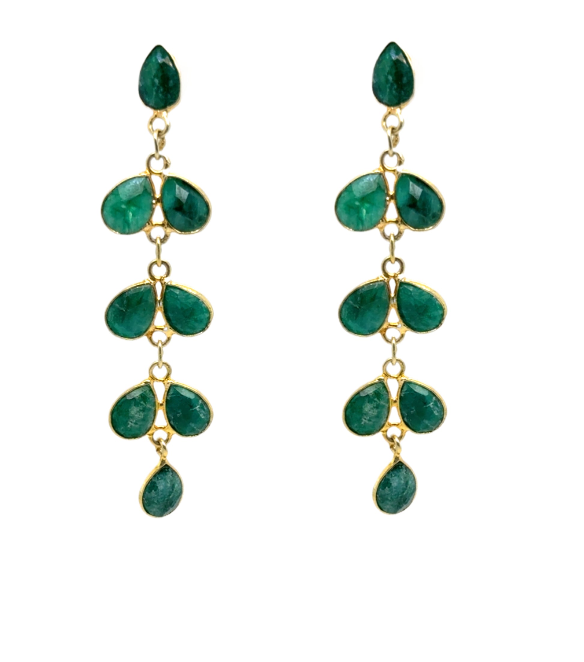 Lovely gold earrings with 8 small teardrop shaped Green Onyx gemstone charms