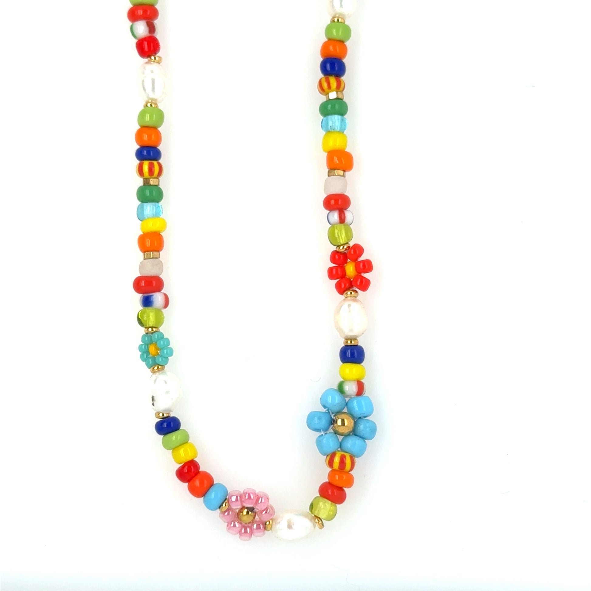 Gorgeous necklace with bright and colourful beads including flowers and Freshwater pearls