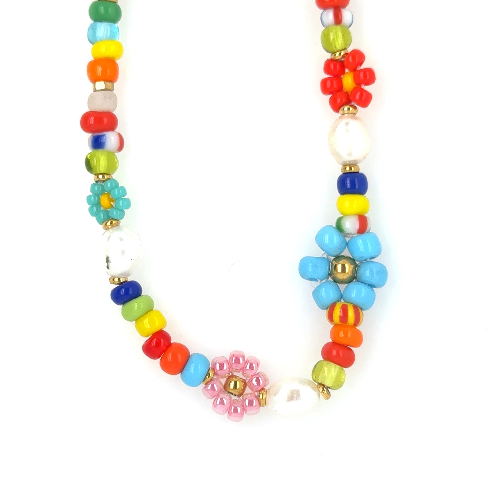 Necklace with bright  colourful beads including flowers and Freshwater pearls close up