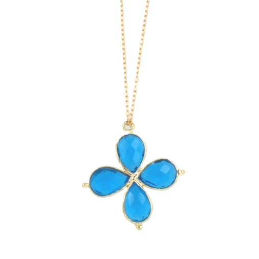 Delicate gold chain necklace with a Blue Topaz gemstone four petal flower shaped charm