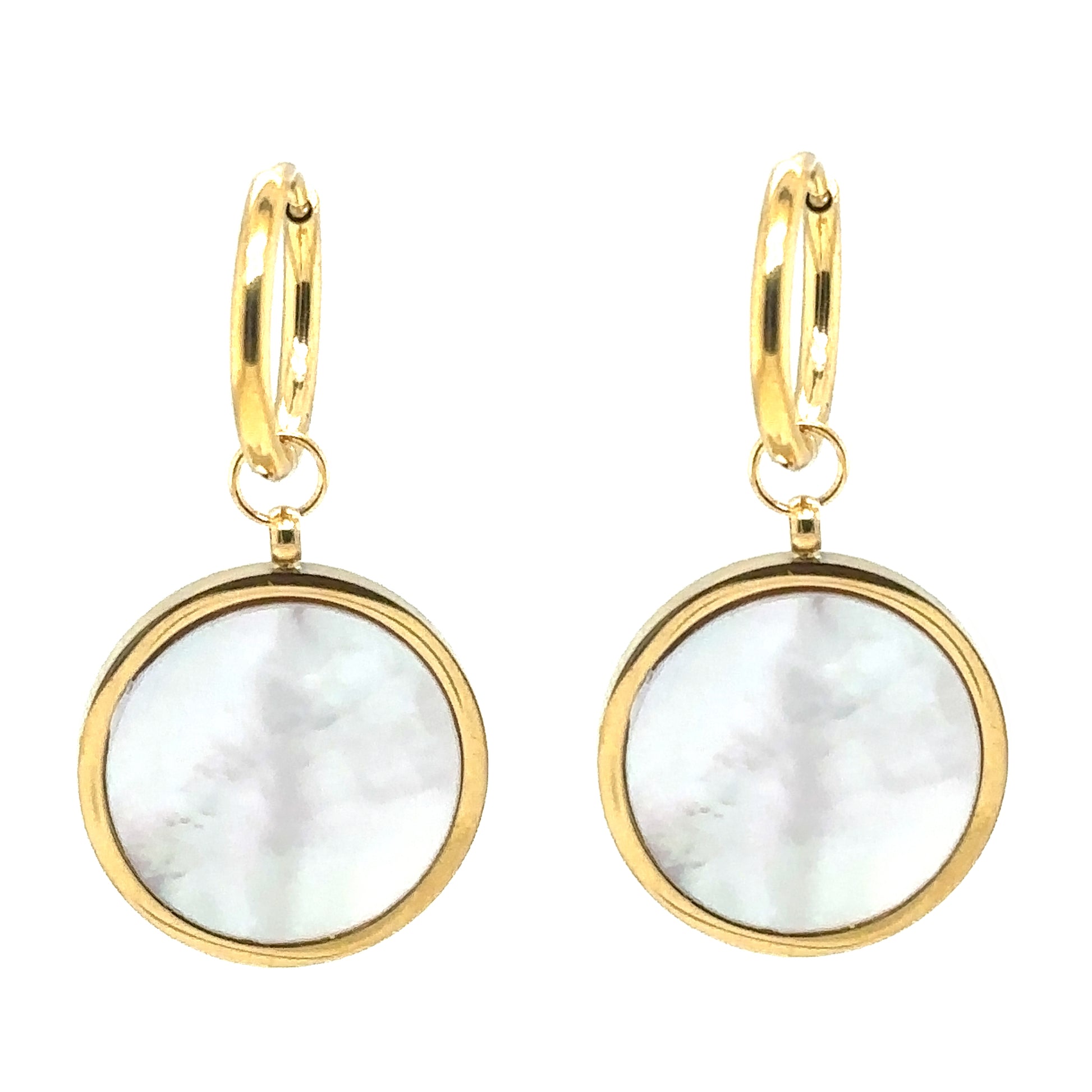Delicate gold hoop earrings with mother of pearl shell white and large gold round shaped charms