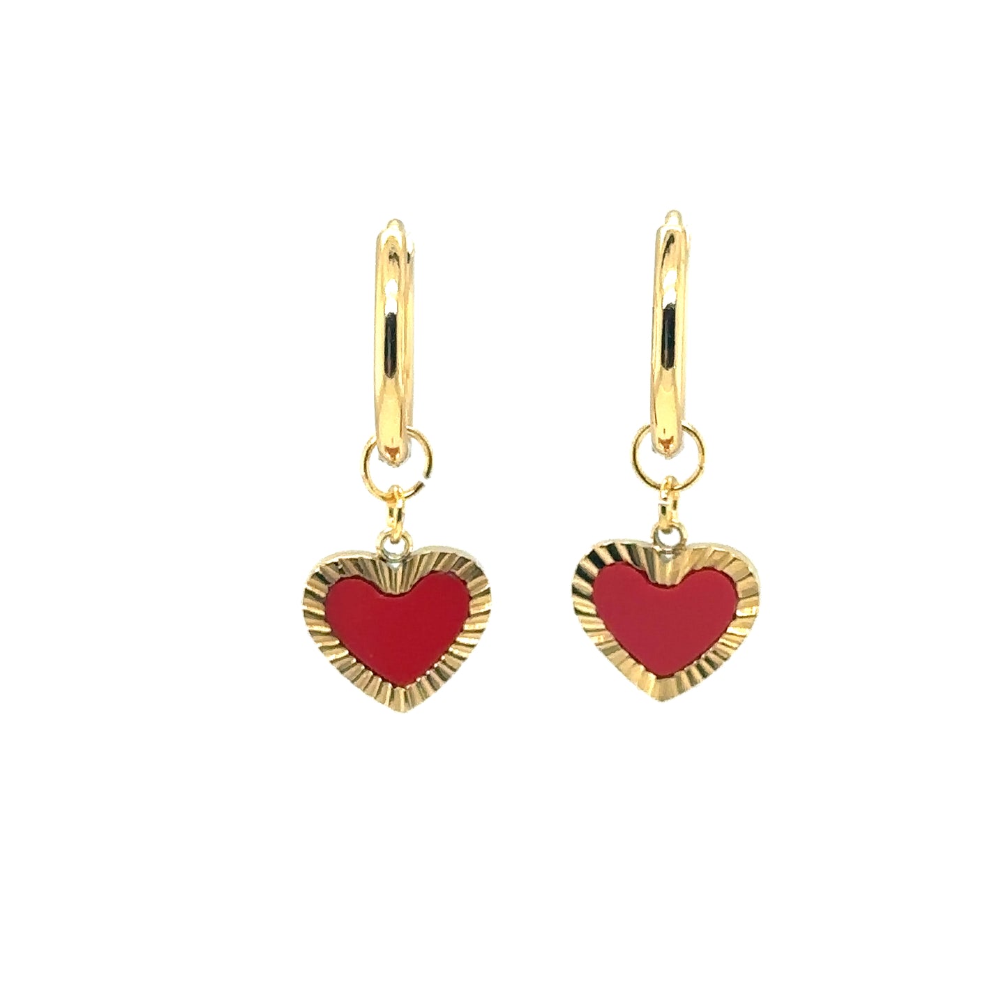 gold hoop earrings with red and gold heart shaped charms