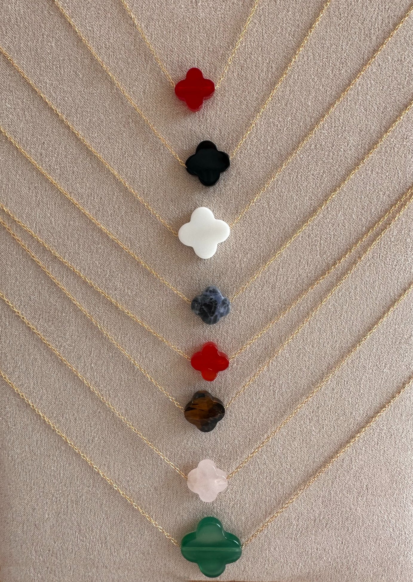 gold chain necklaces with one semi-precious gemstone faceted clover shaped charms