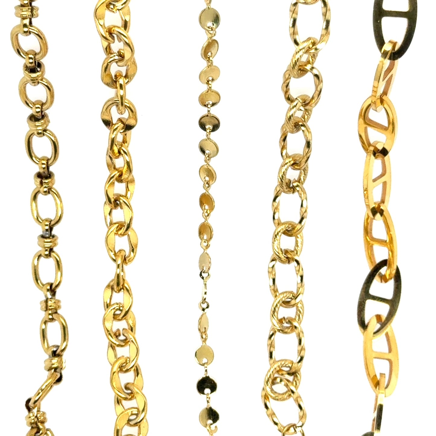 Collection of gold bracelet styles on a white background