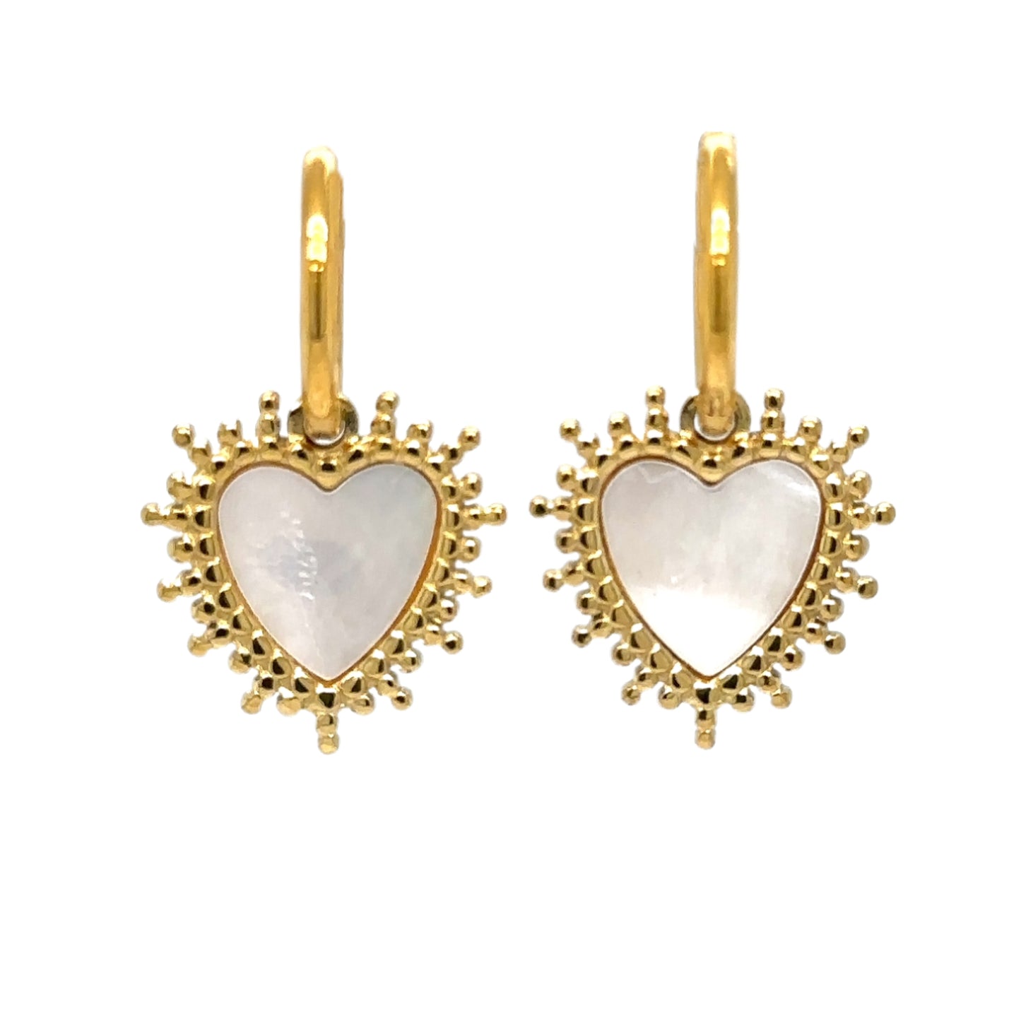 gold hoop earrings with gold and mother of pearl and gold dot heart charms