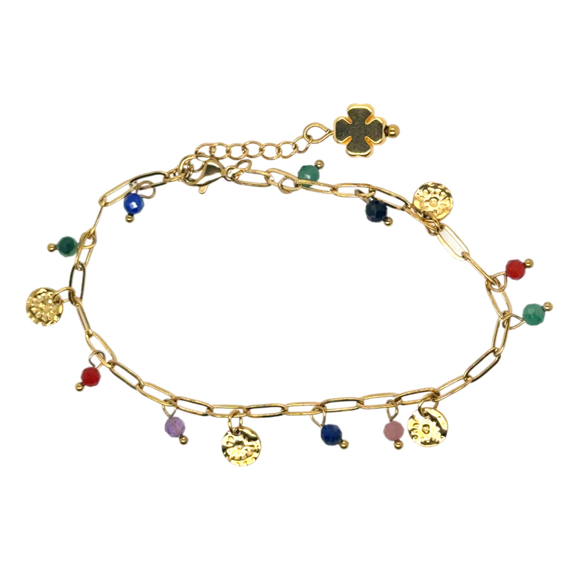 Lovely bracelet with rainbow coloured beads and gold disc dangling little charms