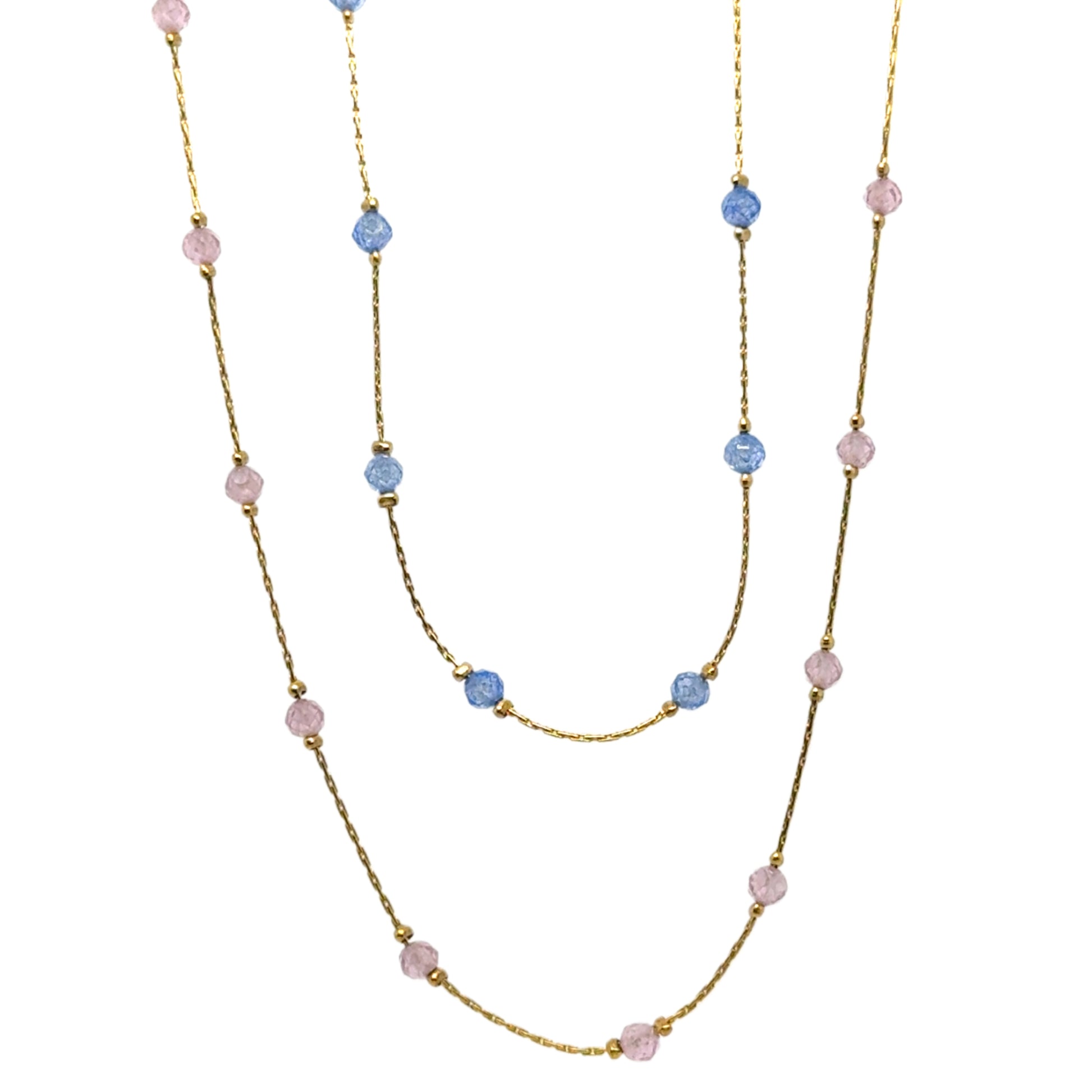 Two-layered necklace with pink and blue crystals on delicate chain