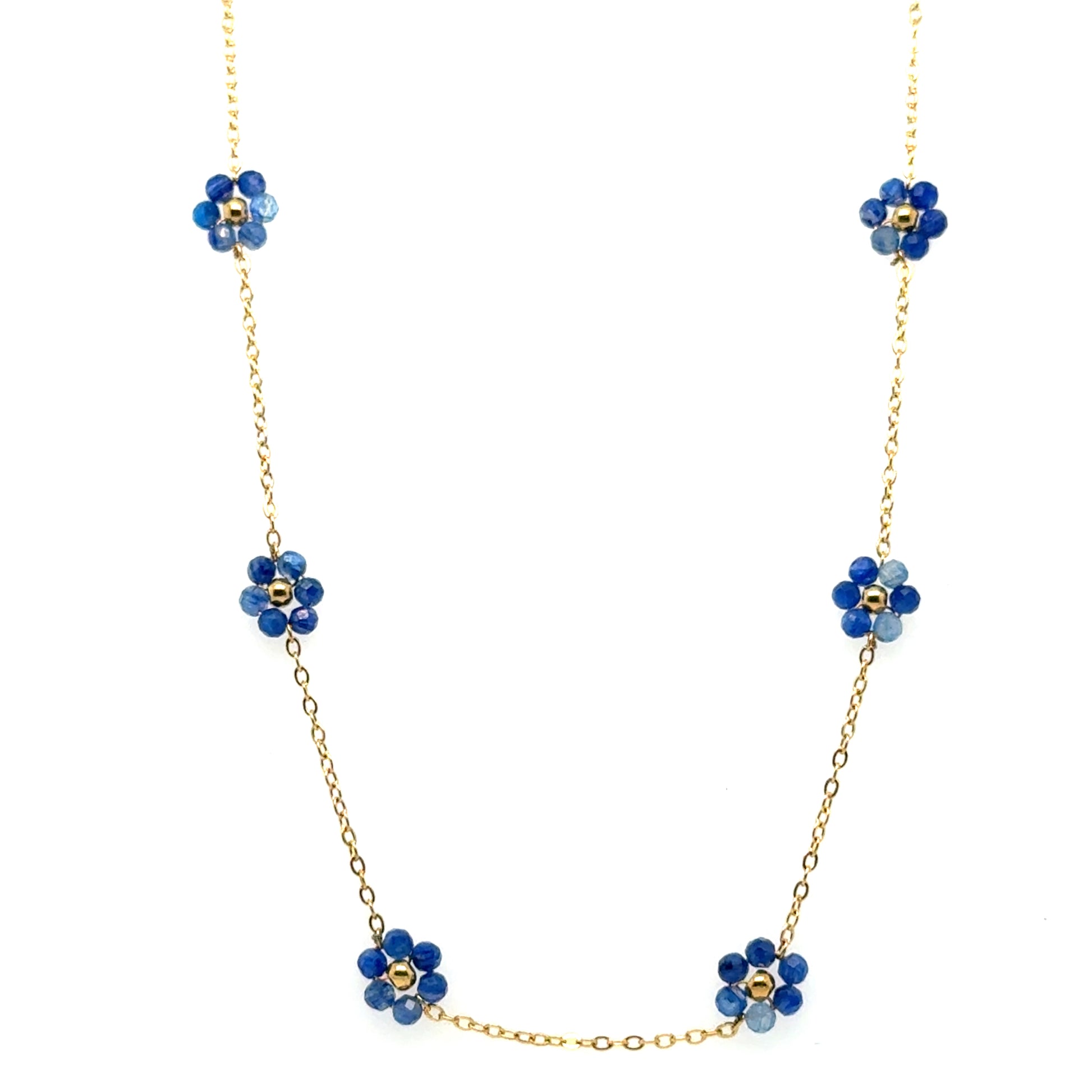 Necklace with five small dark blue and gold flowers on a delicate chain