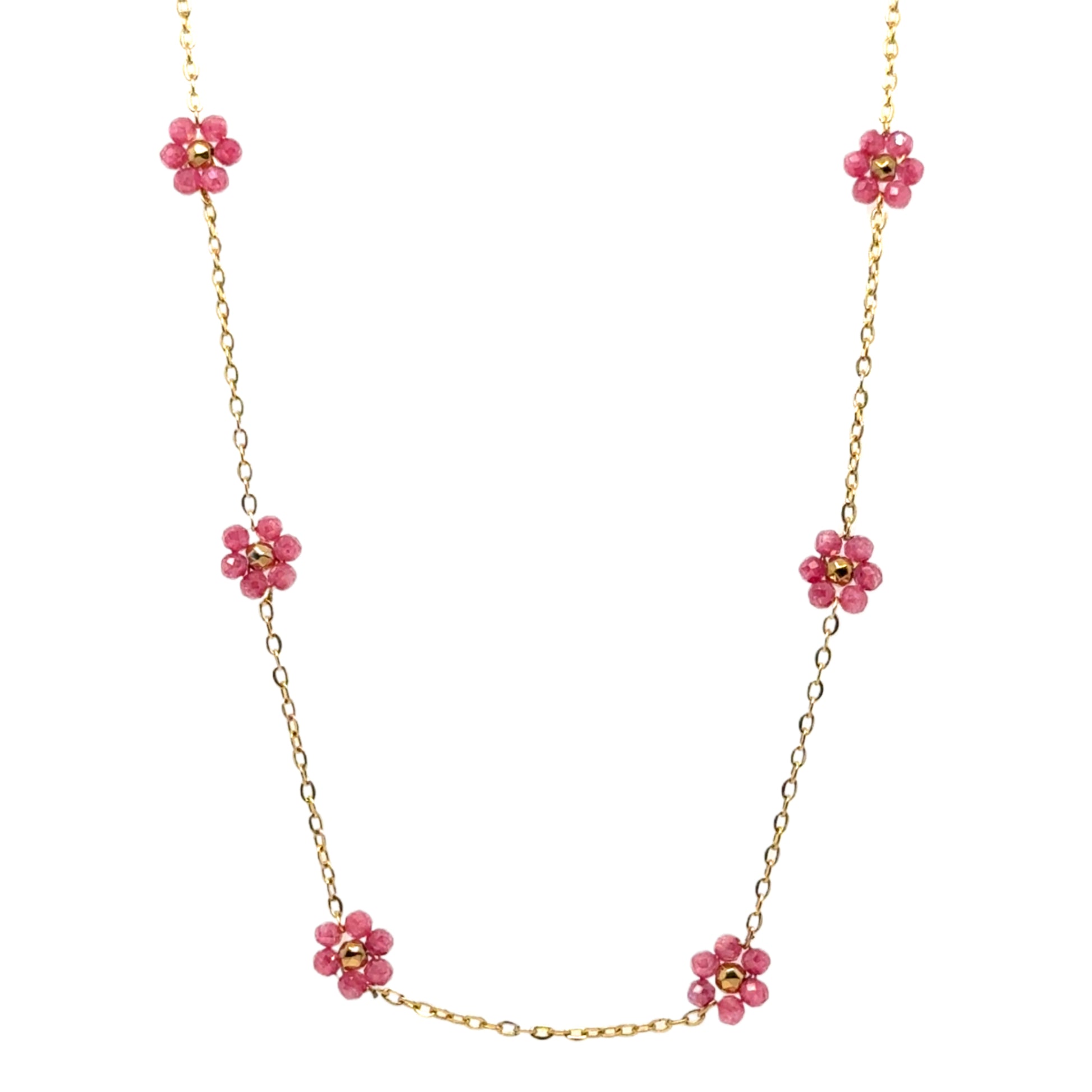 Necklace with five small pink and gold flowers on a delicate chain