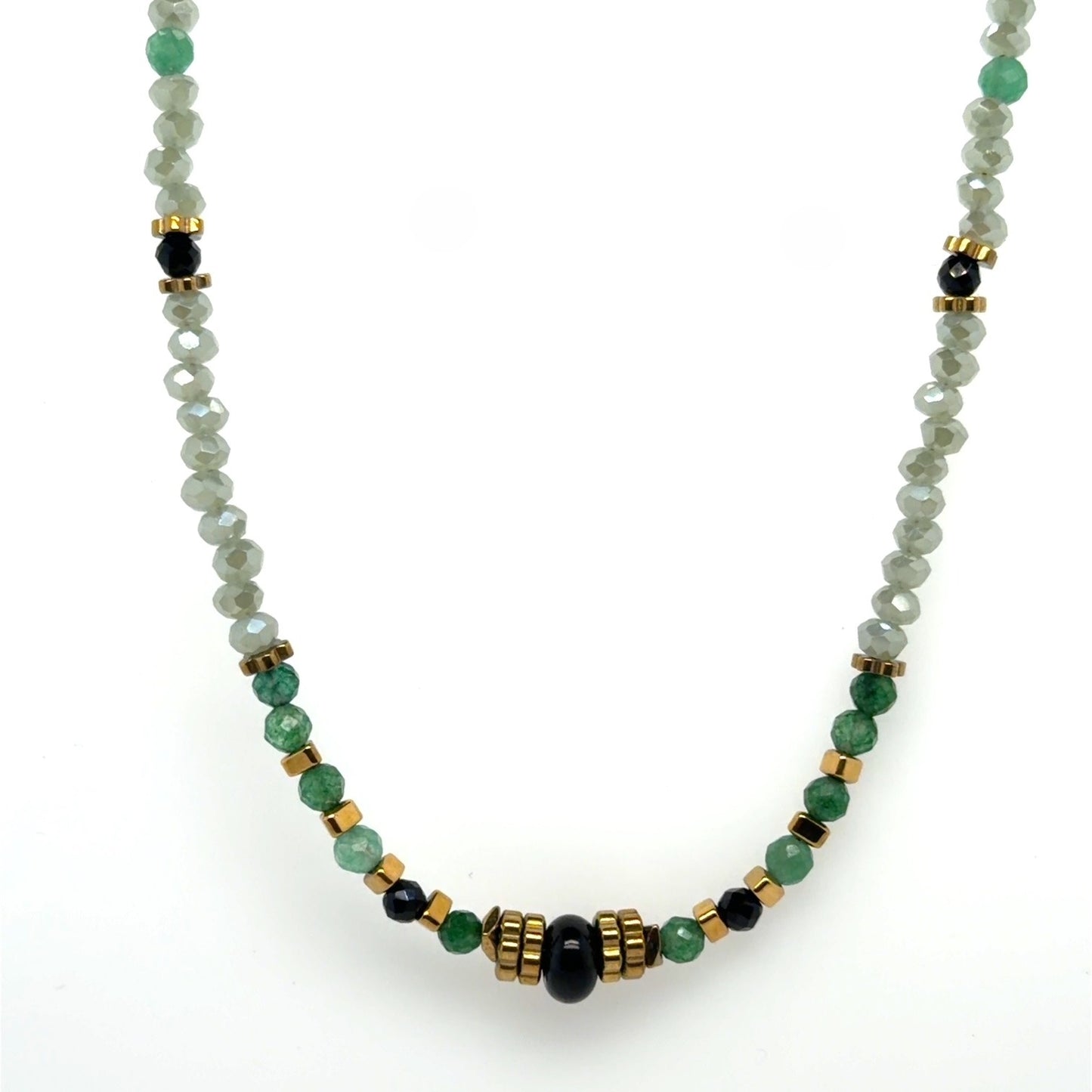 Beaded green necklace on white background